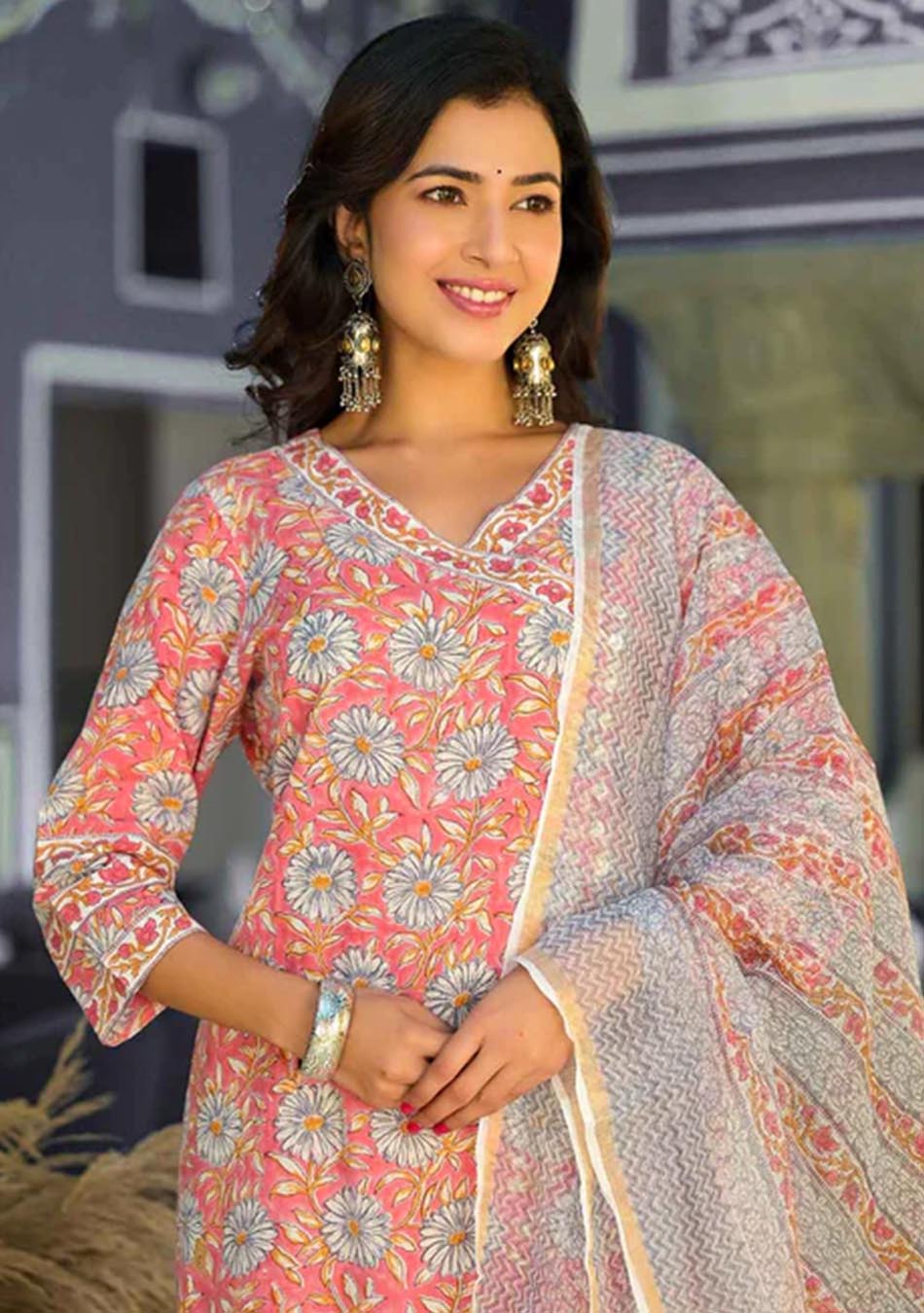 Salmon Handblock Print suit set with Kota Dupatta