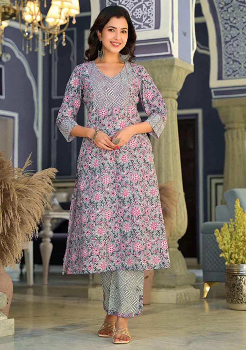 Slate Bloom Crimson Charm Handblock Suit Set