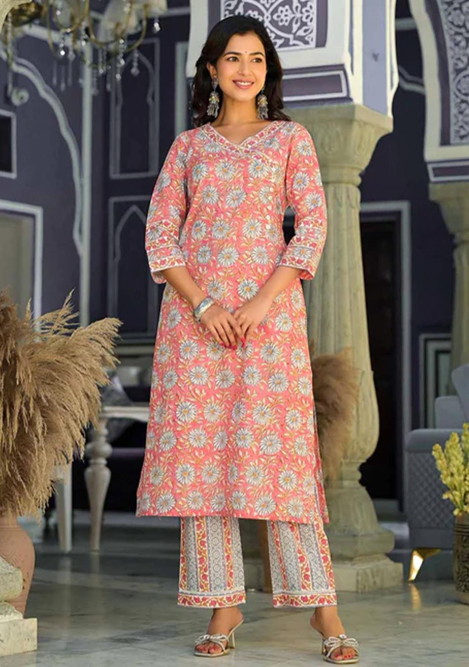 Salmon Handblock Print suit set with Kota Dupatta