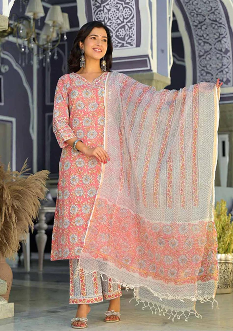 Salmon Handblock Print suit set with Kota Dupatta