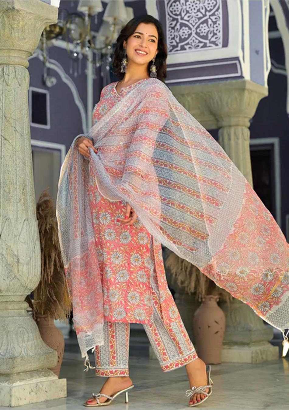 Salmon Handblock Print suit set with Kota Dupatta