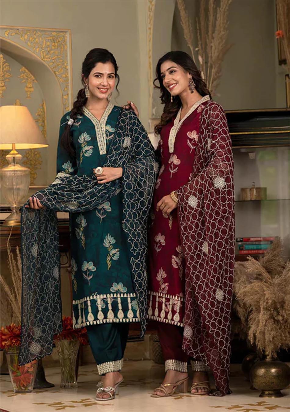 Red ruby Muslin silk Ensemble with Intricate Zari Dupatta
