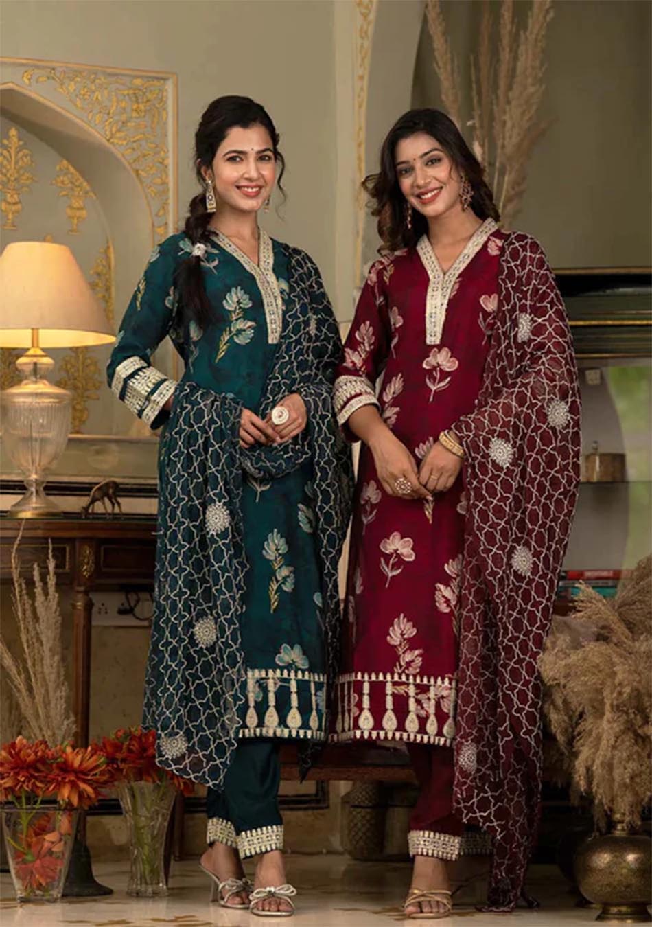Red ruby Muslin silk Ensemble with Intricate Zari Dupatta
