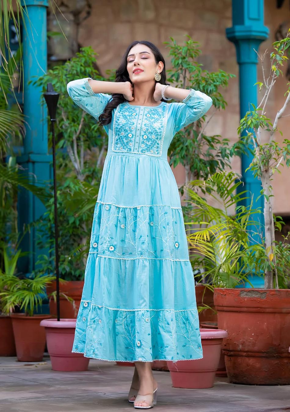 Floral Design Blue Long Dress