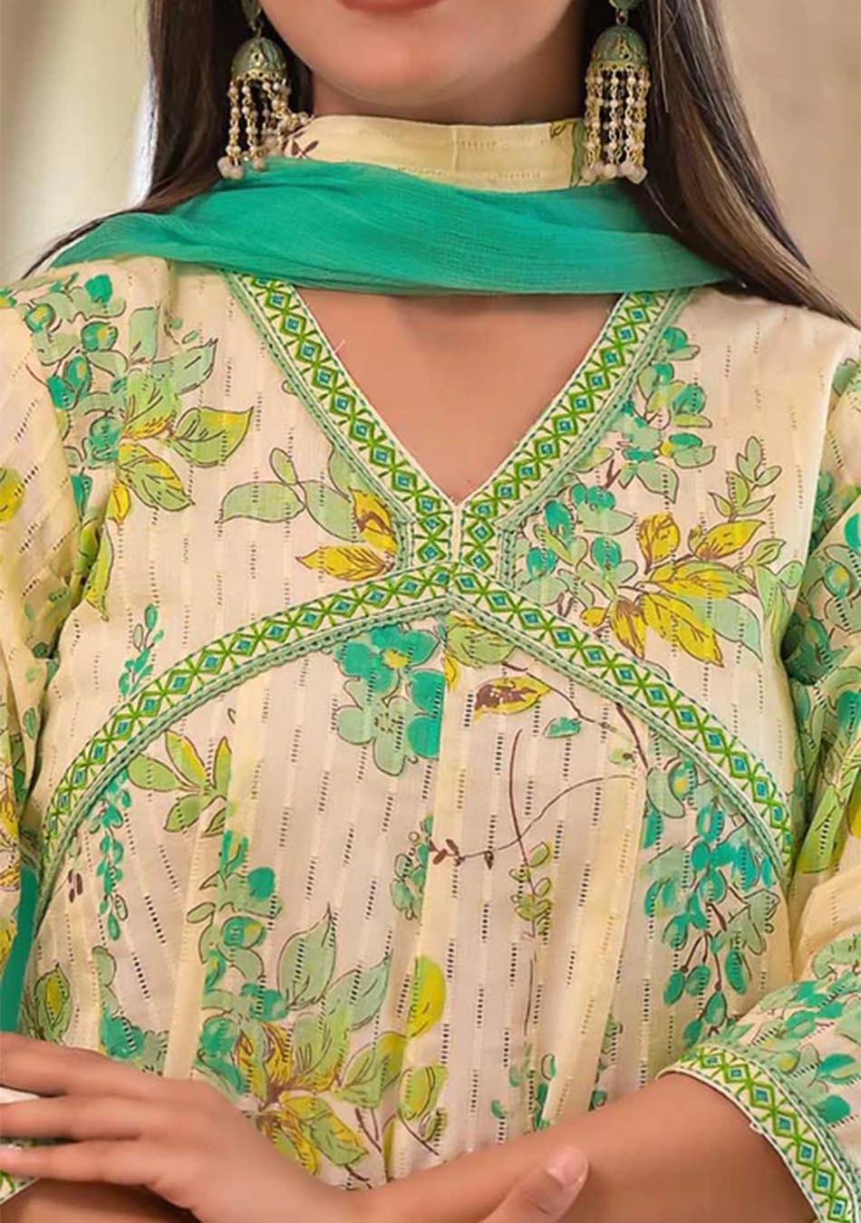 White and Green Cotton Print Set with Dupatta