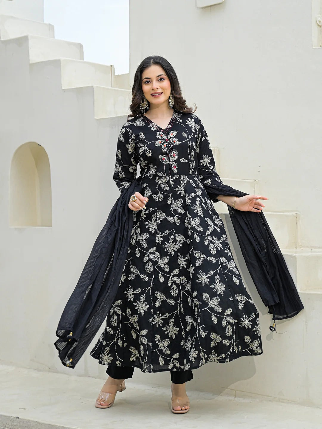 Black Cotton Anarkali kurta Pant Set with Dupatta
