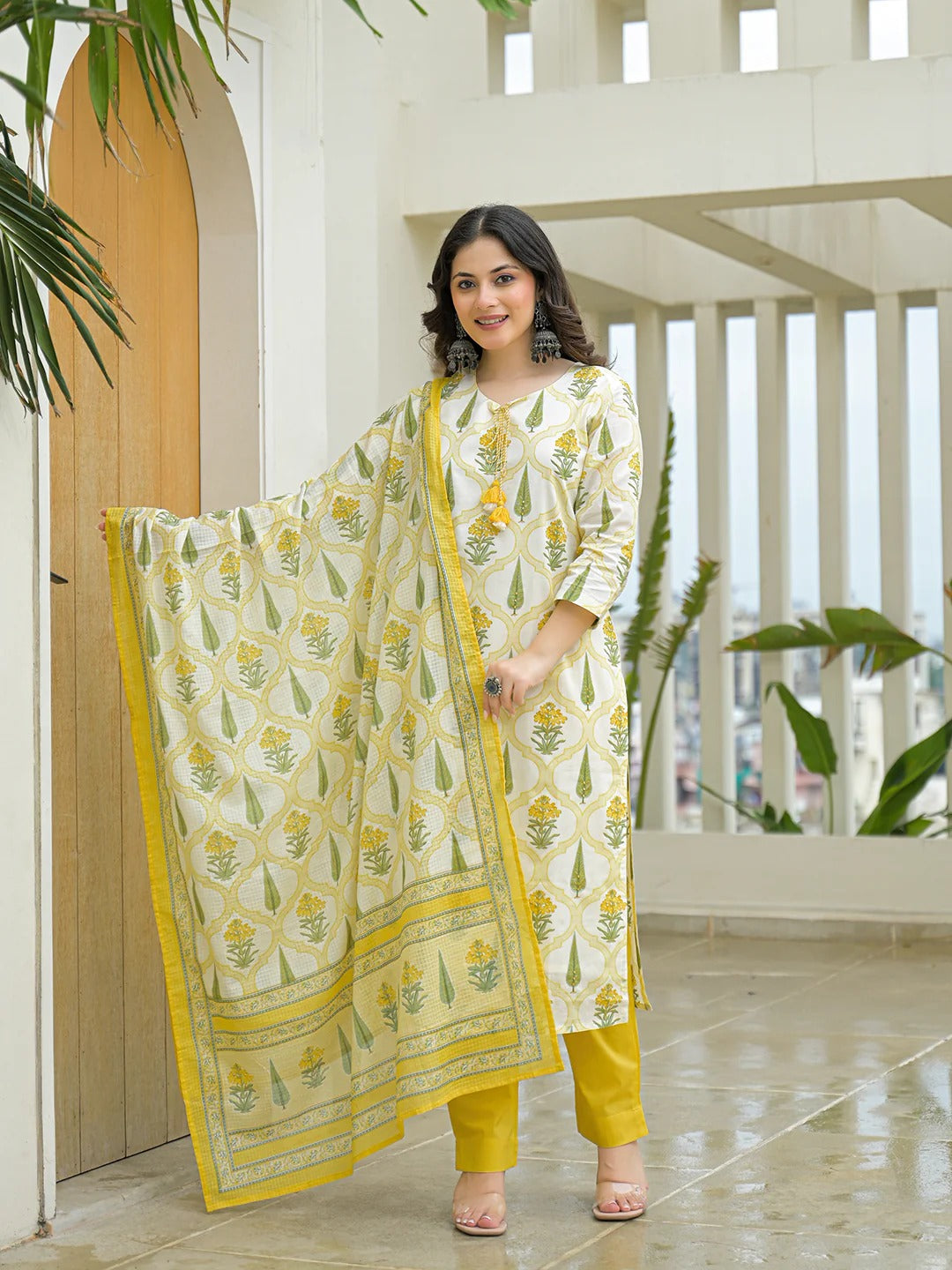 Yellow Cotton Straight Kurta Pant Set with Dupattta