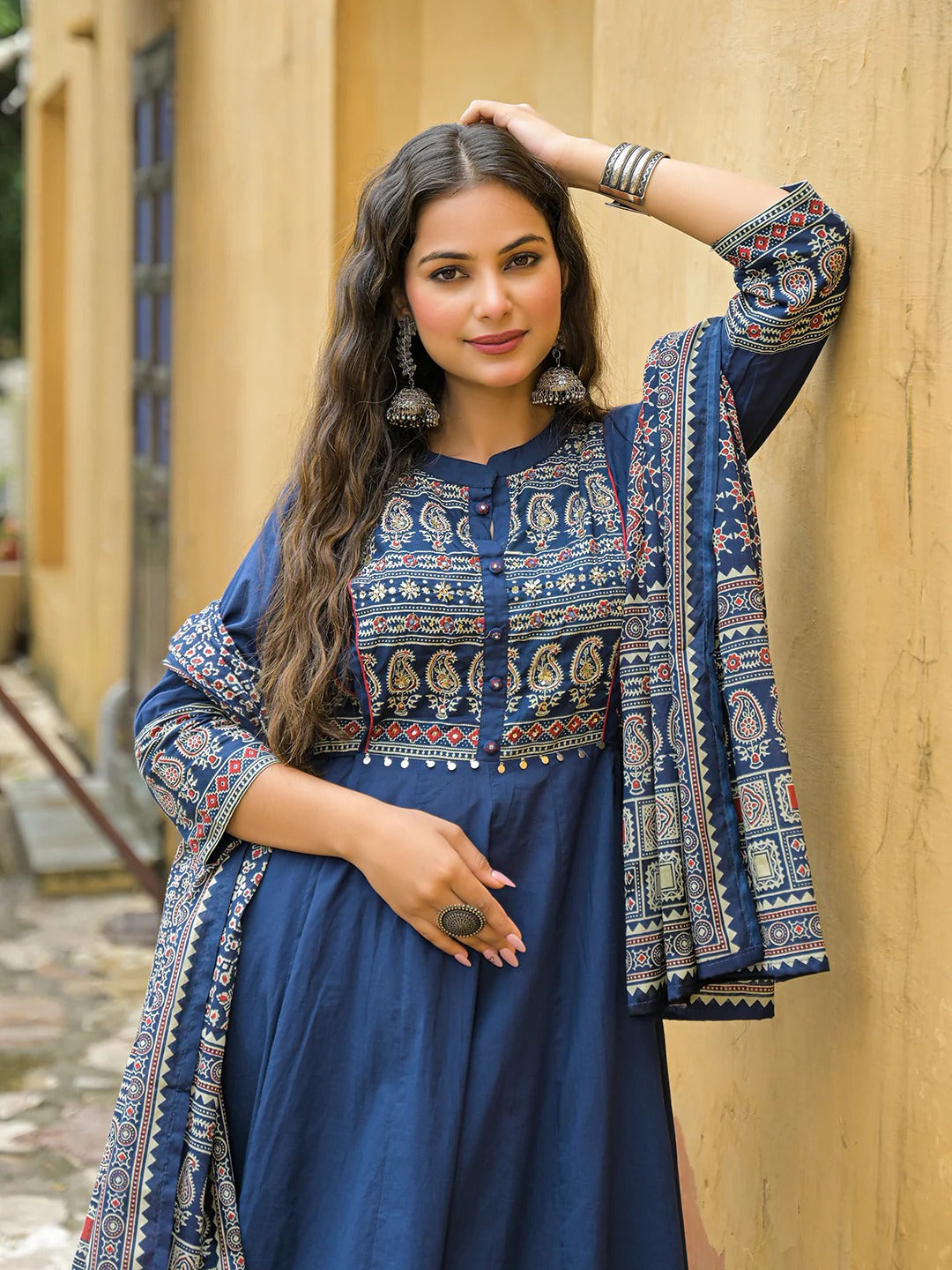 Blue Paisley Print Cotton Anarkali Kurta Pant Set With Dupatta