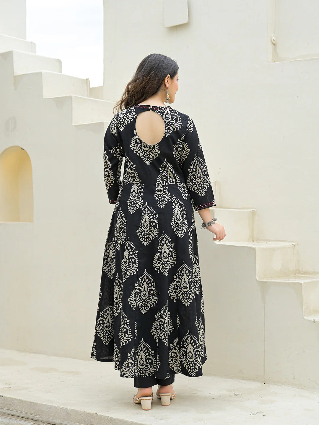 Black Cotton Anarkali kurta Pant Set with Dupatta