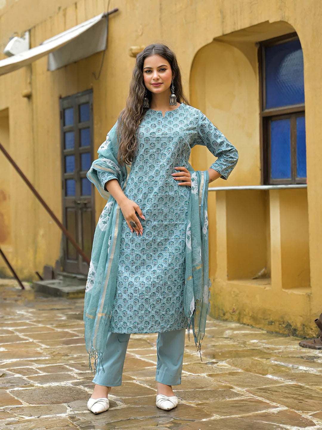 Blue Embroidered Kurta Pant Set With Dupatta