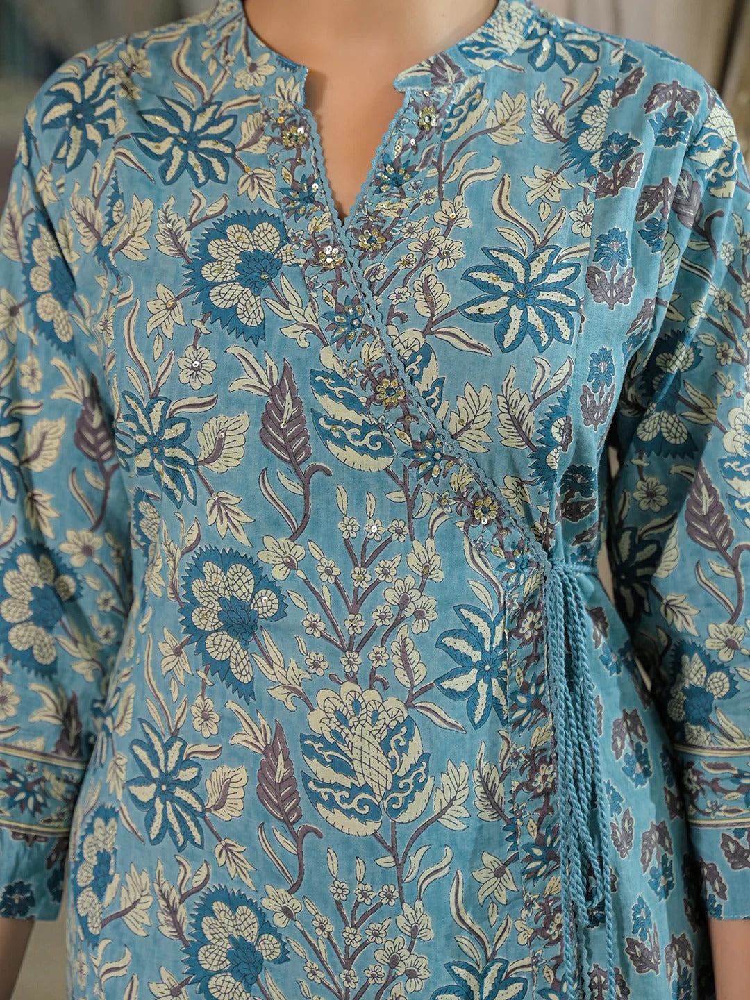 Blue Floral Print Cotton A-Line Kurta Pant With Dupatta