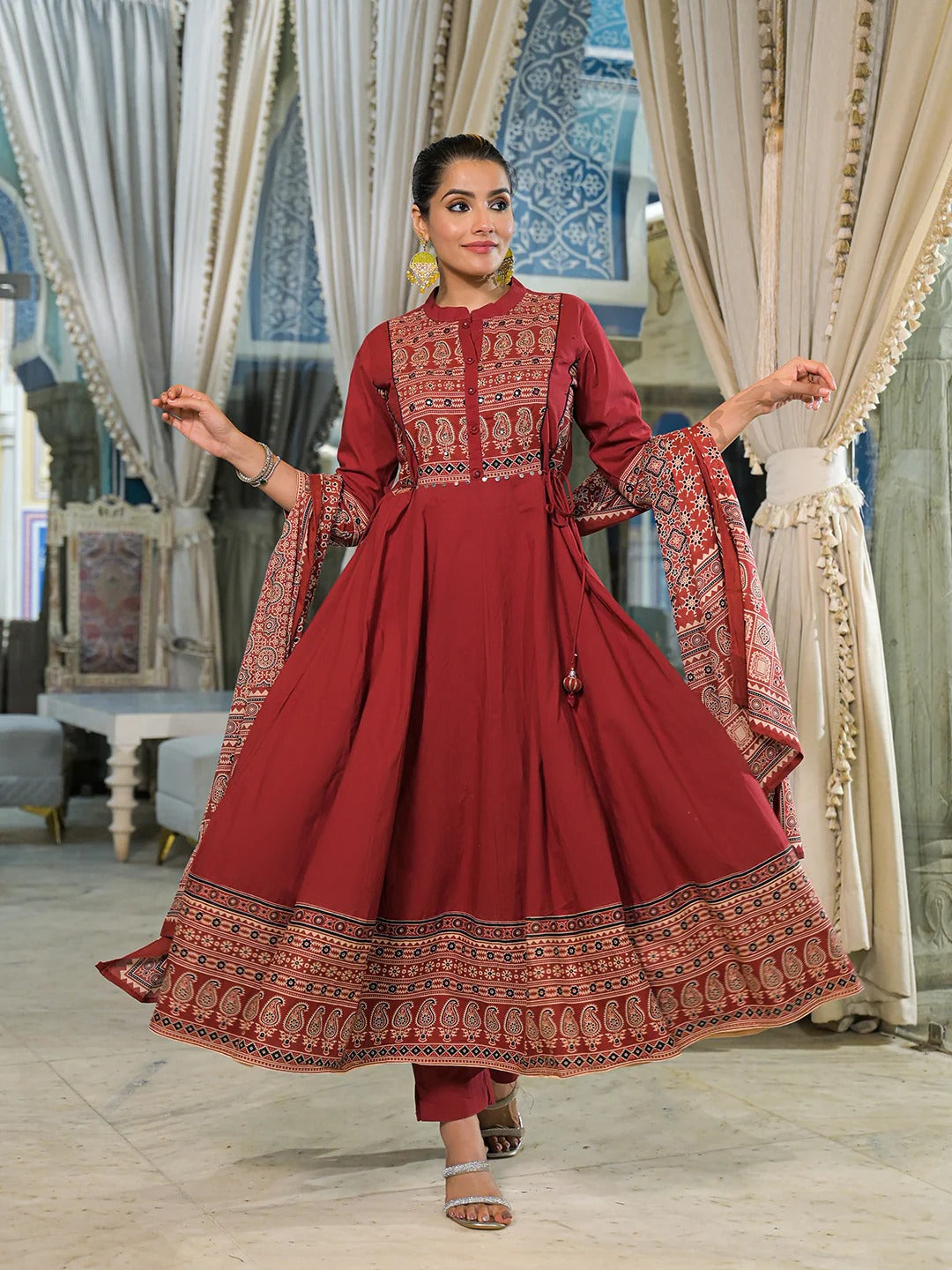 Red Paisley Print Cotton Anarkali Kurta Pant Set With Dupatta