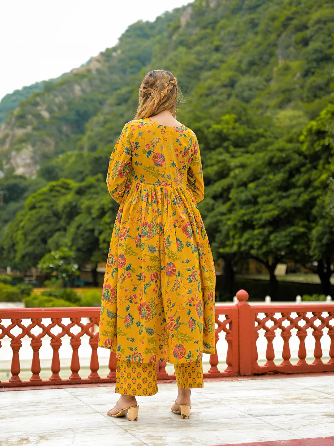 Mustard Floral Print Cotton Anarkali Kurta Pant Set With Dupatta