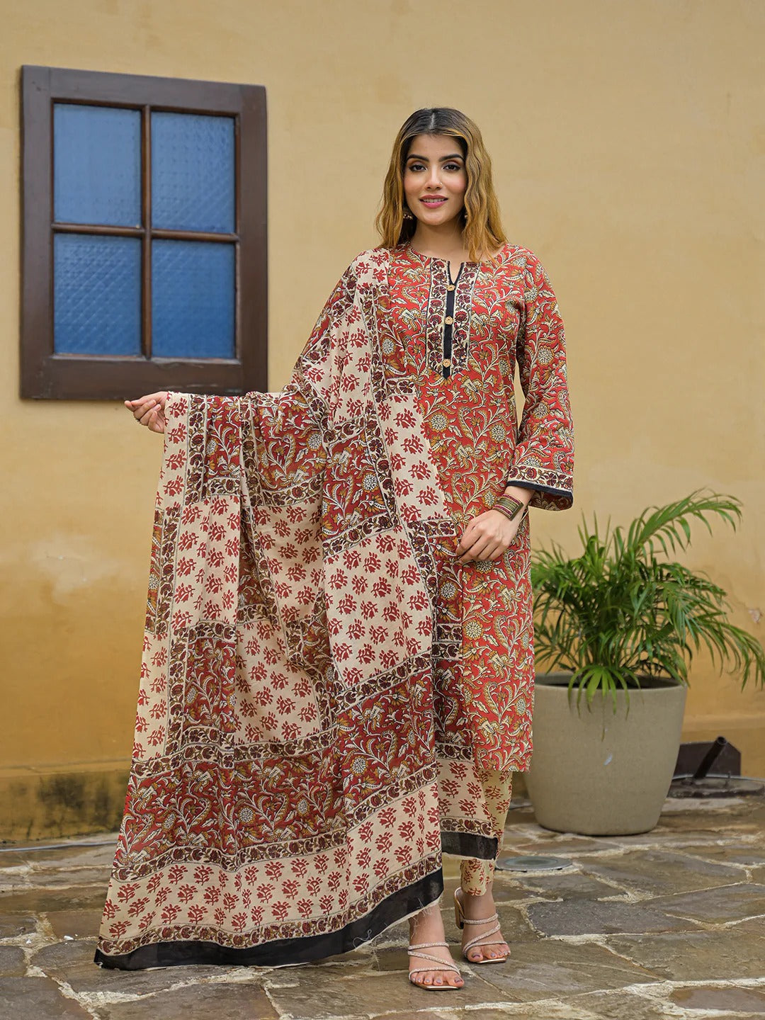 Maroon Hand Block Cotton Straight Kurta Pant With Dupatta