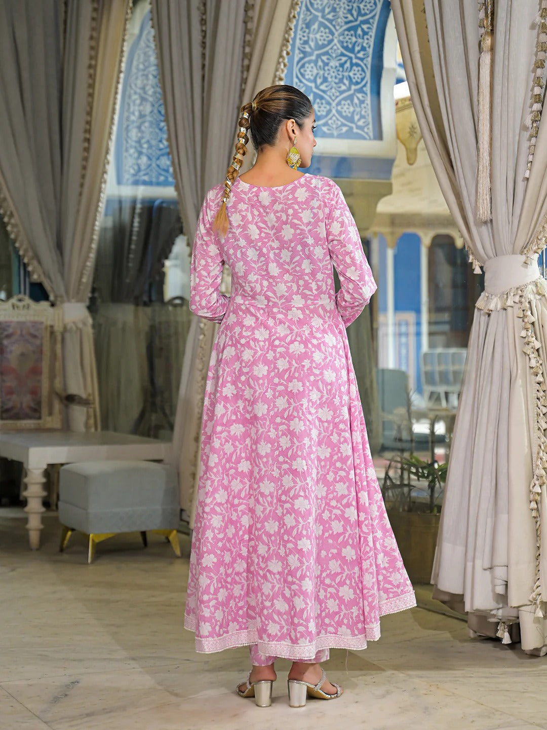 Pink Hand Block Cotton Anarkali Kurta Pant With Dupatta