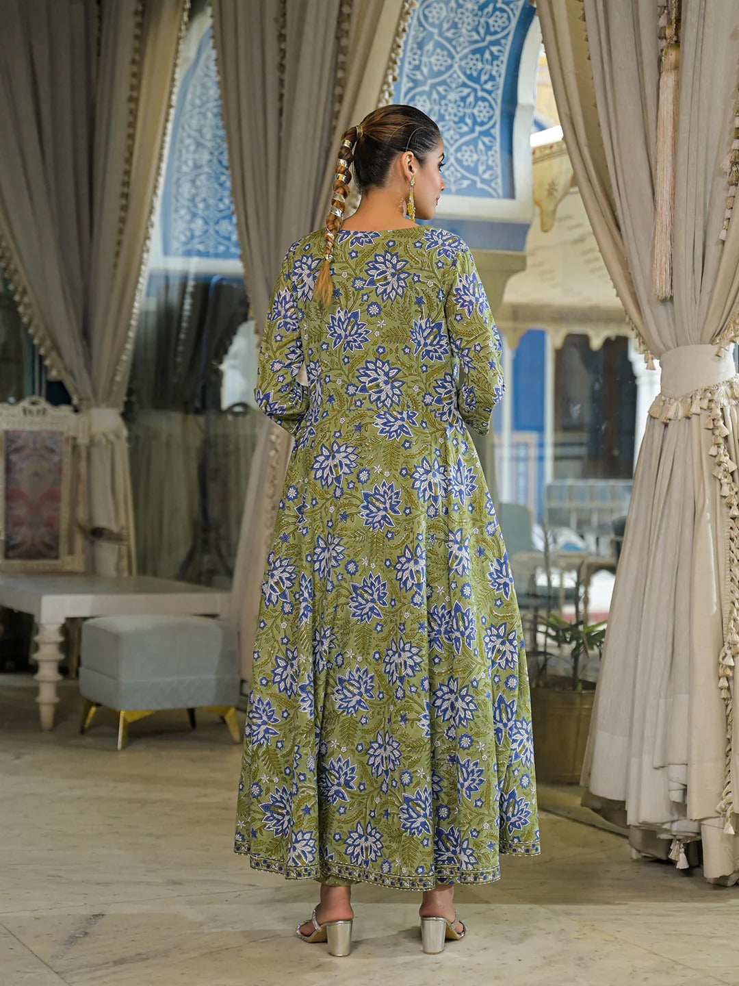 Green Hand Block Cotton Anarkali Kurta Pant With Dupatta & jacket