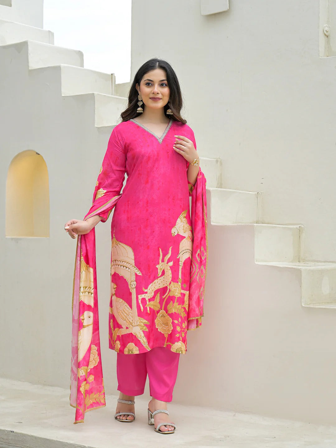 Pink Muslin Digital Print Kurta Pant Set With Dupatta