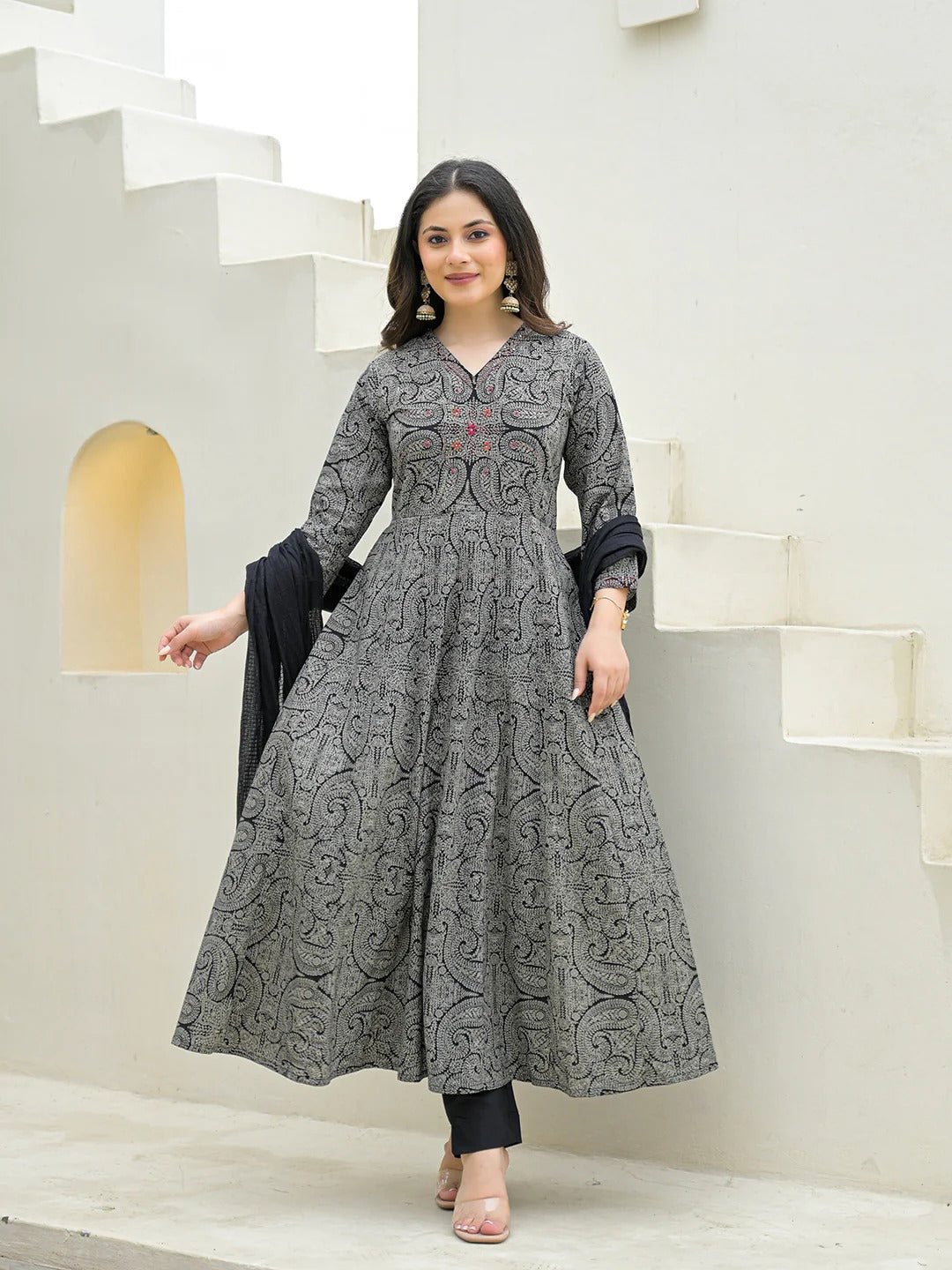 Black Cotton Anarkali kurta Pant Set with Dupatta