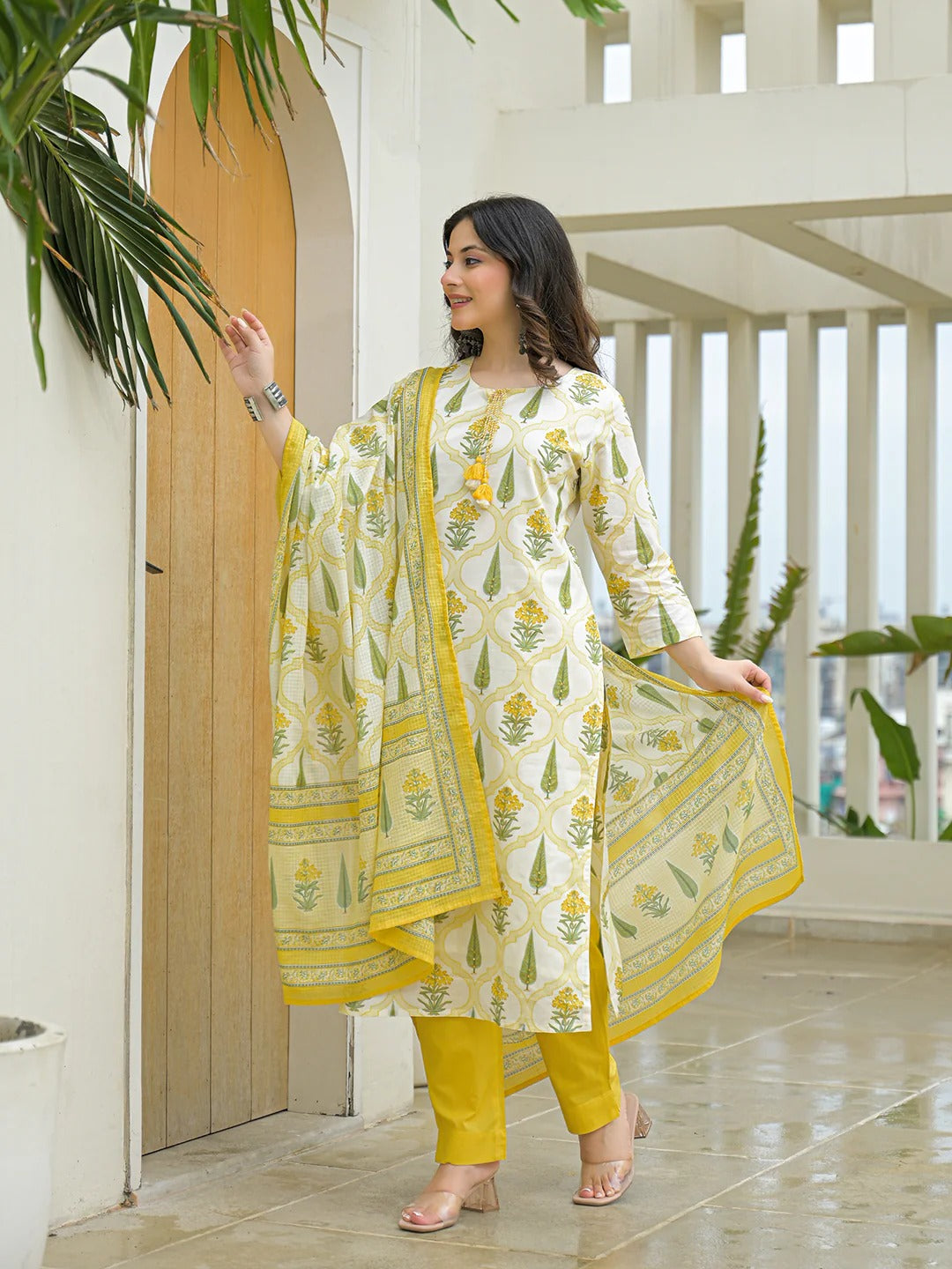 Yellow Cotton Straight Kurta Pant Set with Dupattta