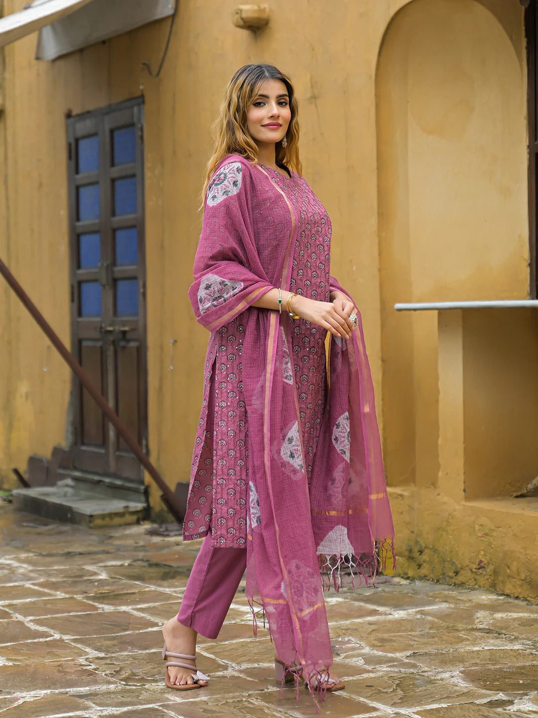 Pink Embroidered Cotton Straight Kurta Pant Set With Dupatta