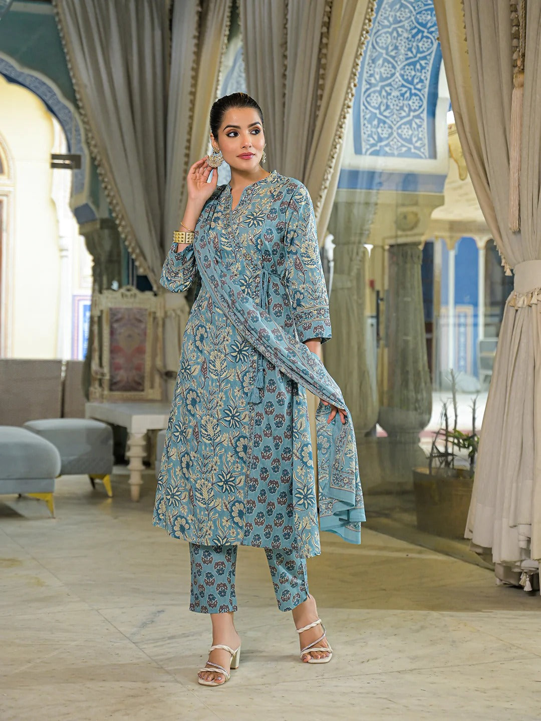 Blue Floral Print Cotton A-Line Kurta Pant With Dupatta