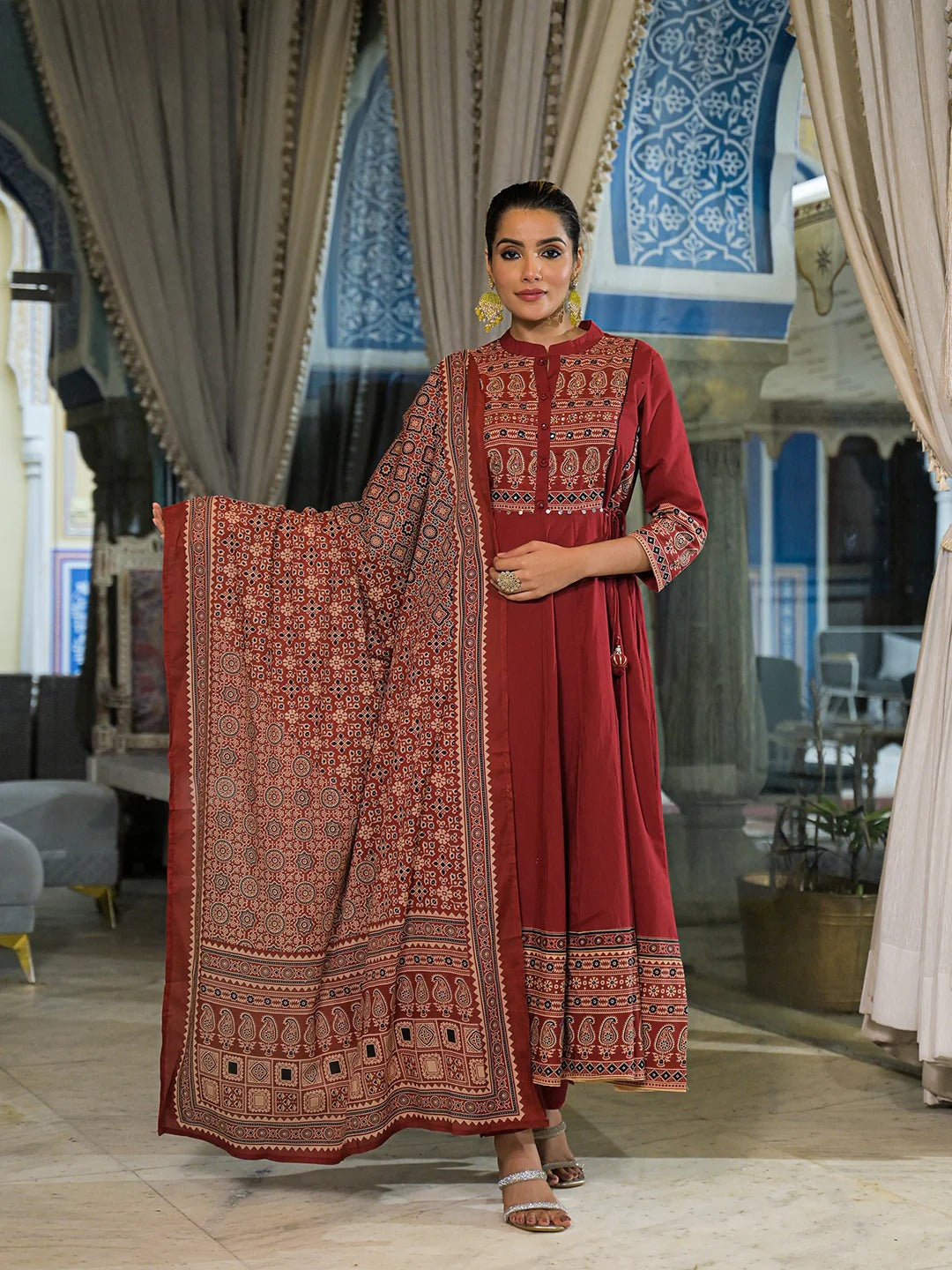 Red Paisley Print Cotton Anarkali Kurta Pant Set With Dupatta