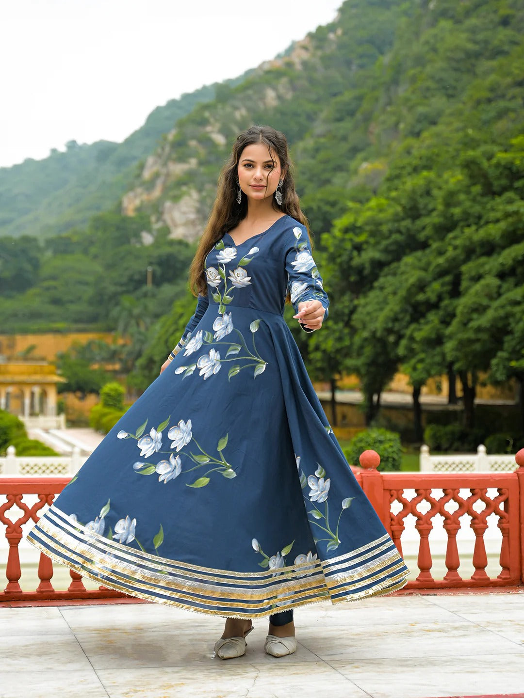 Blue Hand Painted Cotton Anarkali Kurta Pant With Dupatta