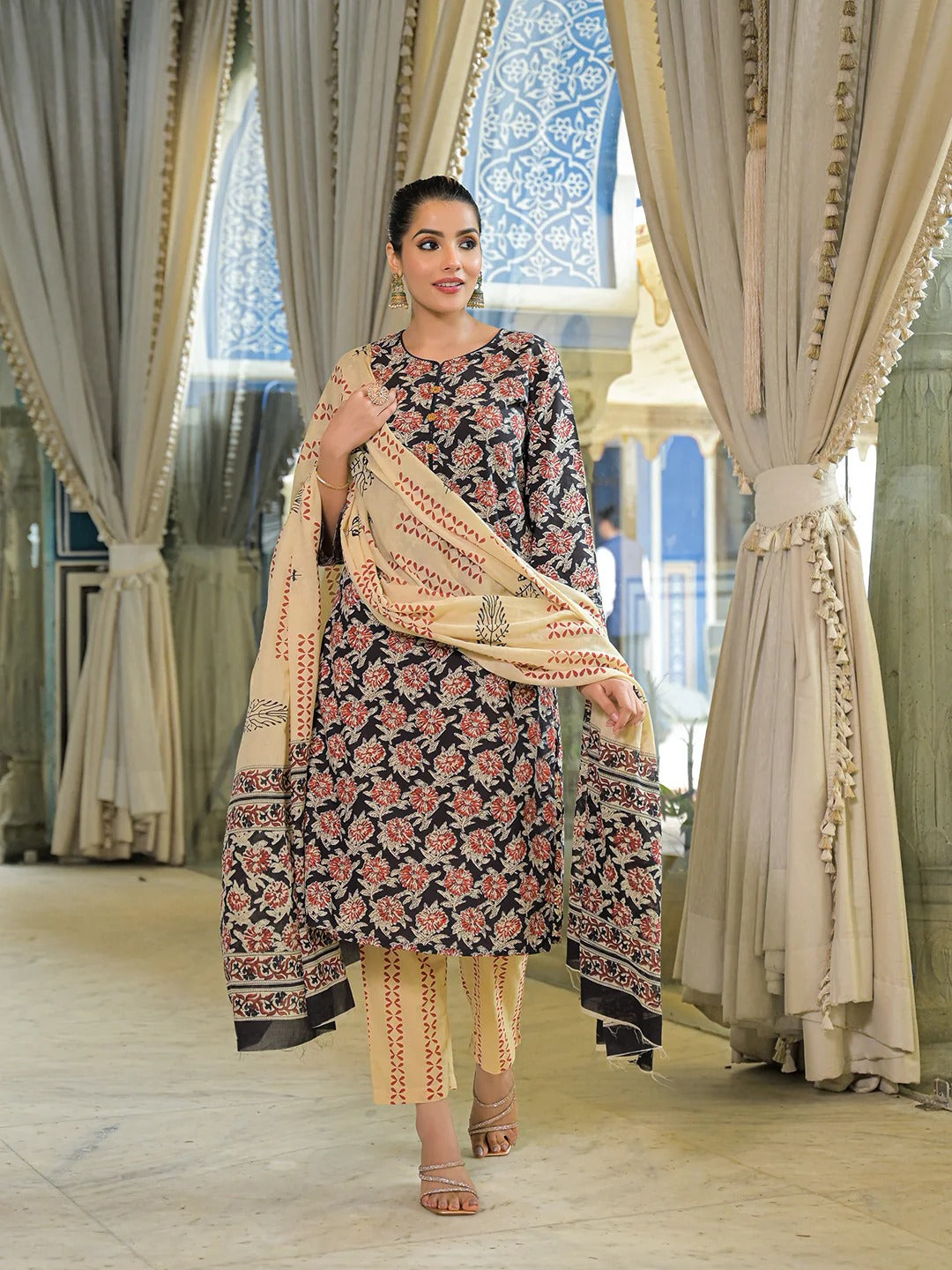 Black Hand Block Cotton Straight Kurta Pant With Dupatta