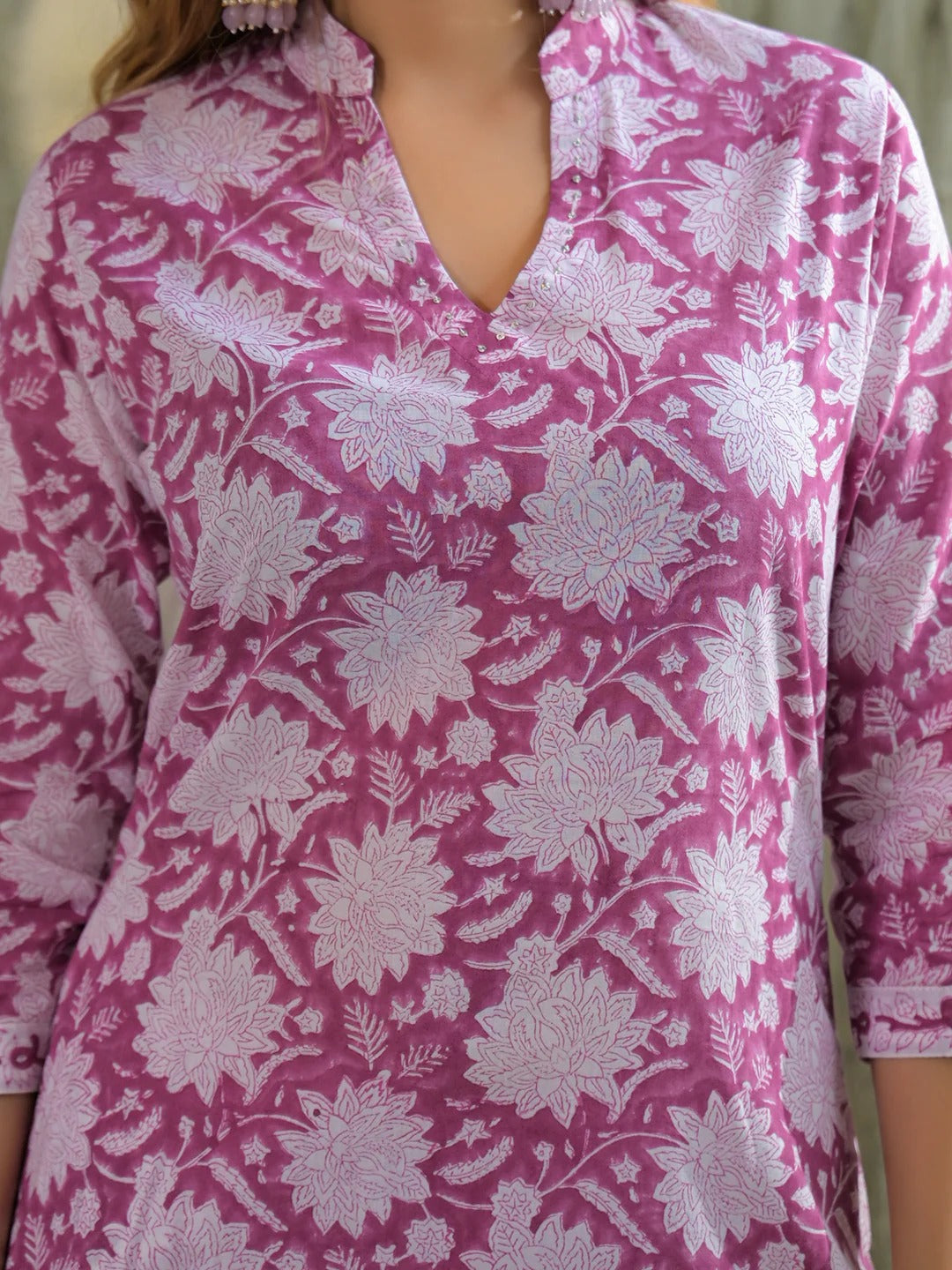 Pink Hand Block Cotton Straight Kurta Pant With Dupatta