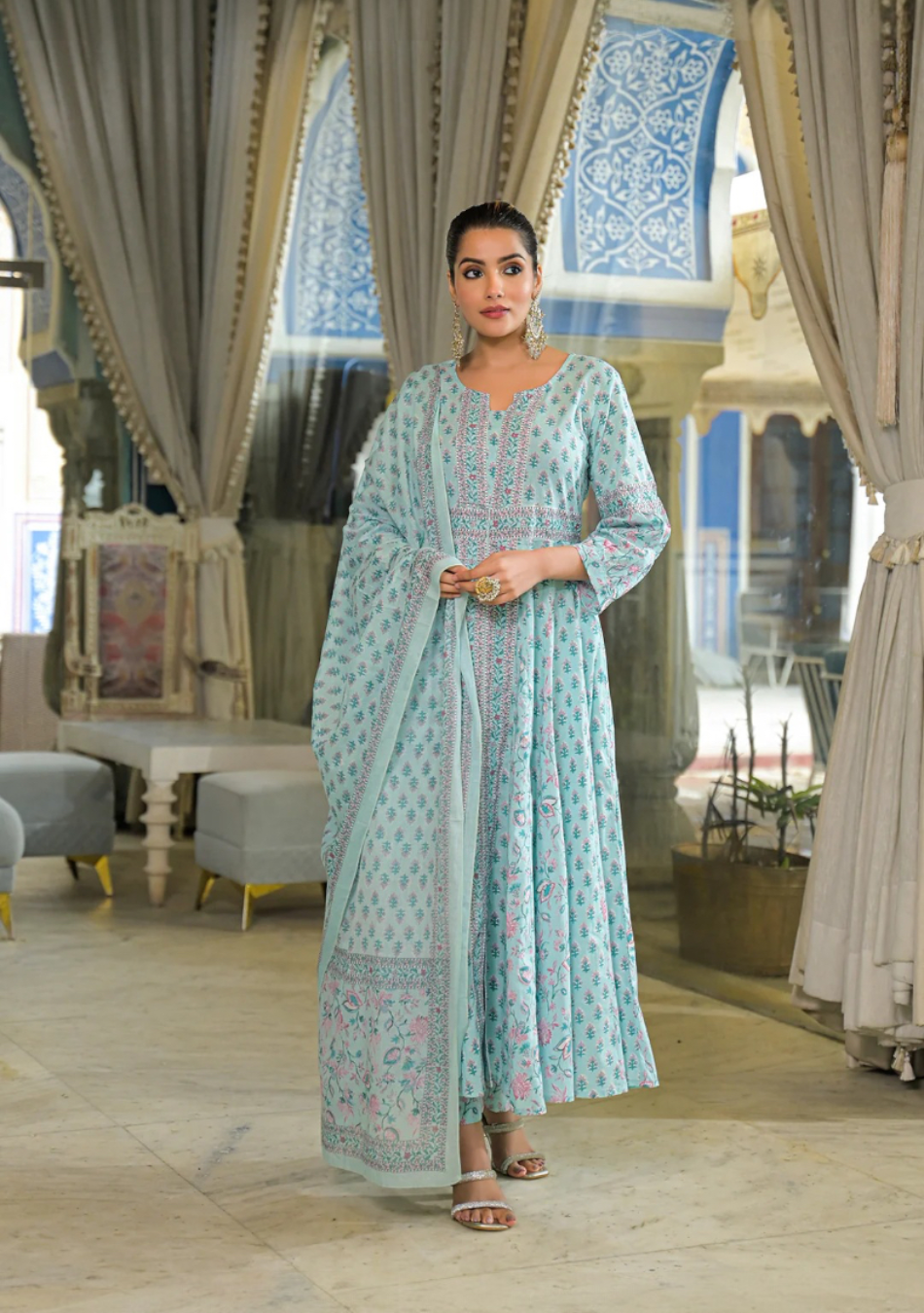 Sky Blue Ethnic Motif Cotton Anarkali Kurta Set
