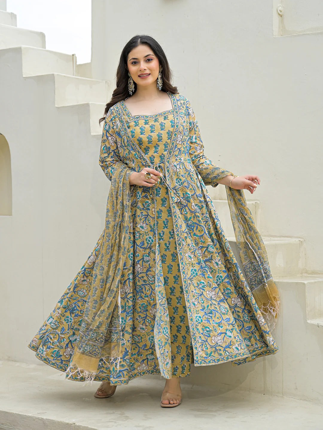 Beige Cotton Hand Block Anarkali Kurta Pant Sets Dupatta with Jecket