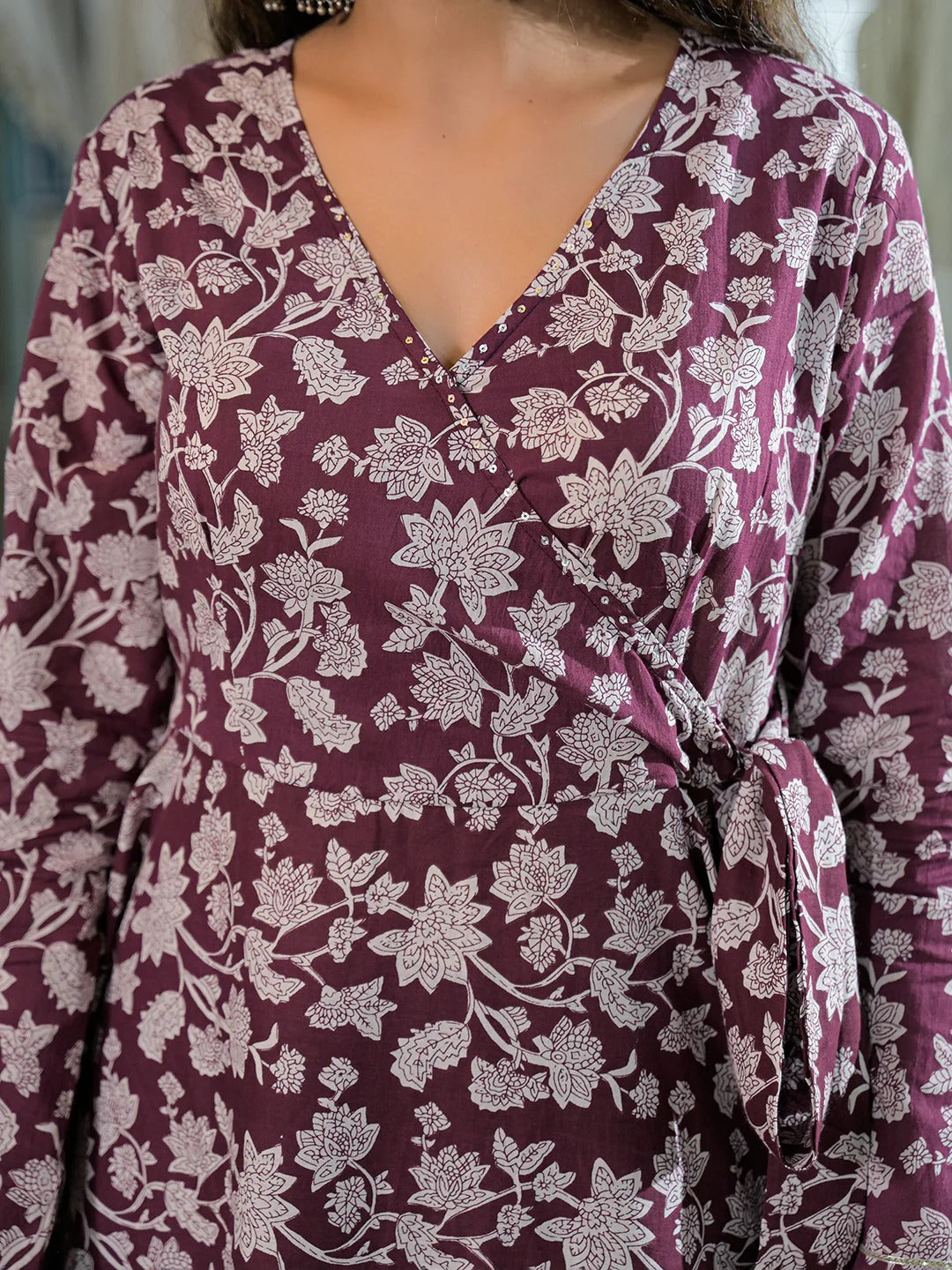 Burgundy Floral Print Cotton Anarkali Kurta Pant Set
