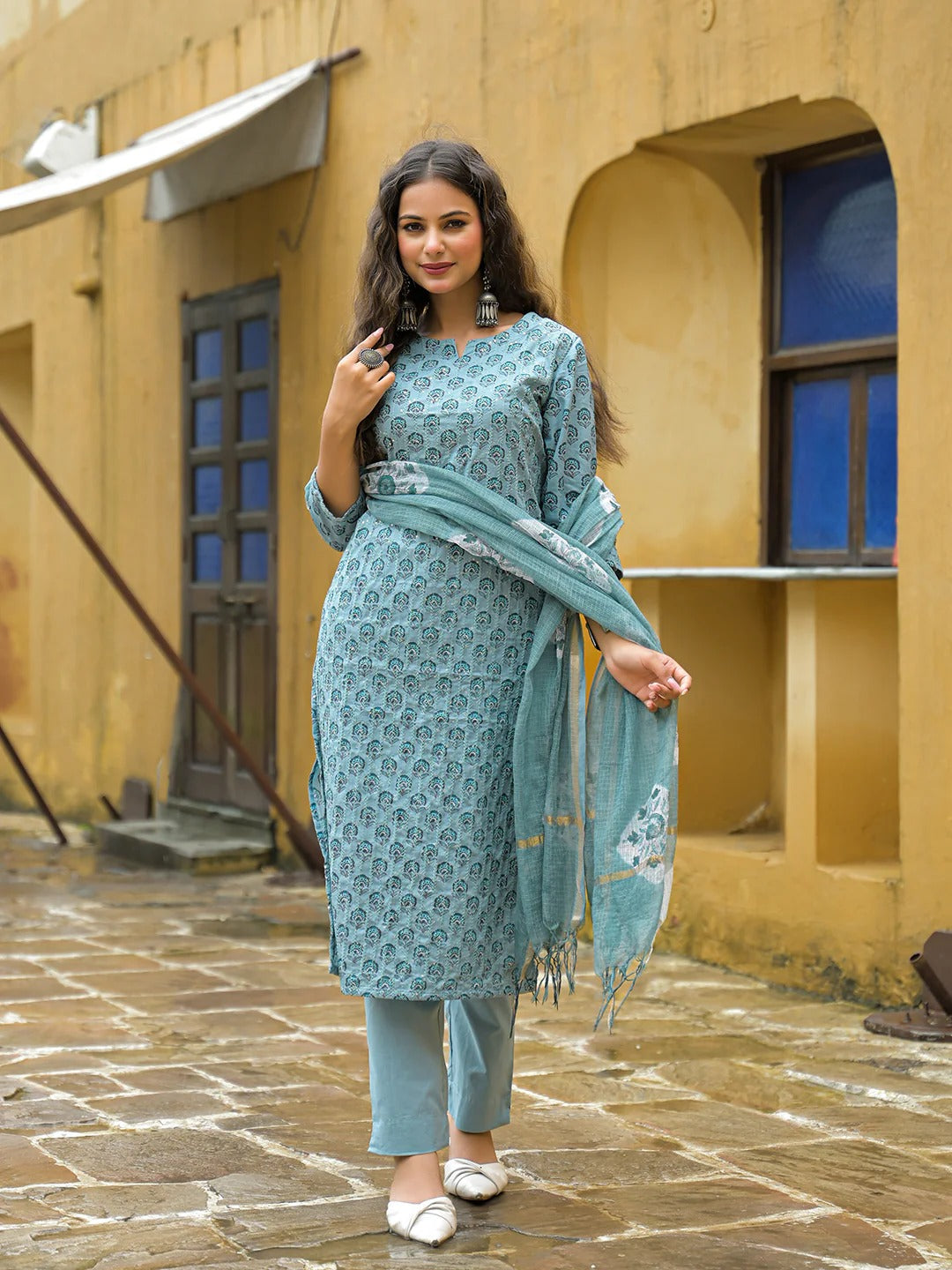 Blue Embroidered Kurta Pant Set With Dupatta