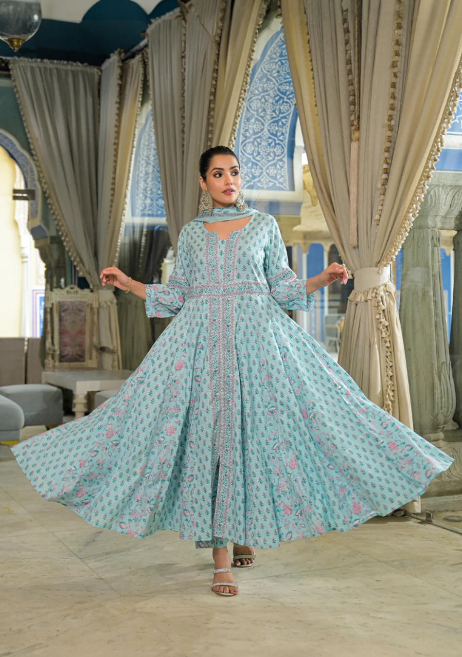 Sky Blue Ethnic Motif Cotton Anarkali Kurta Set
