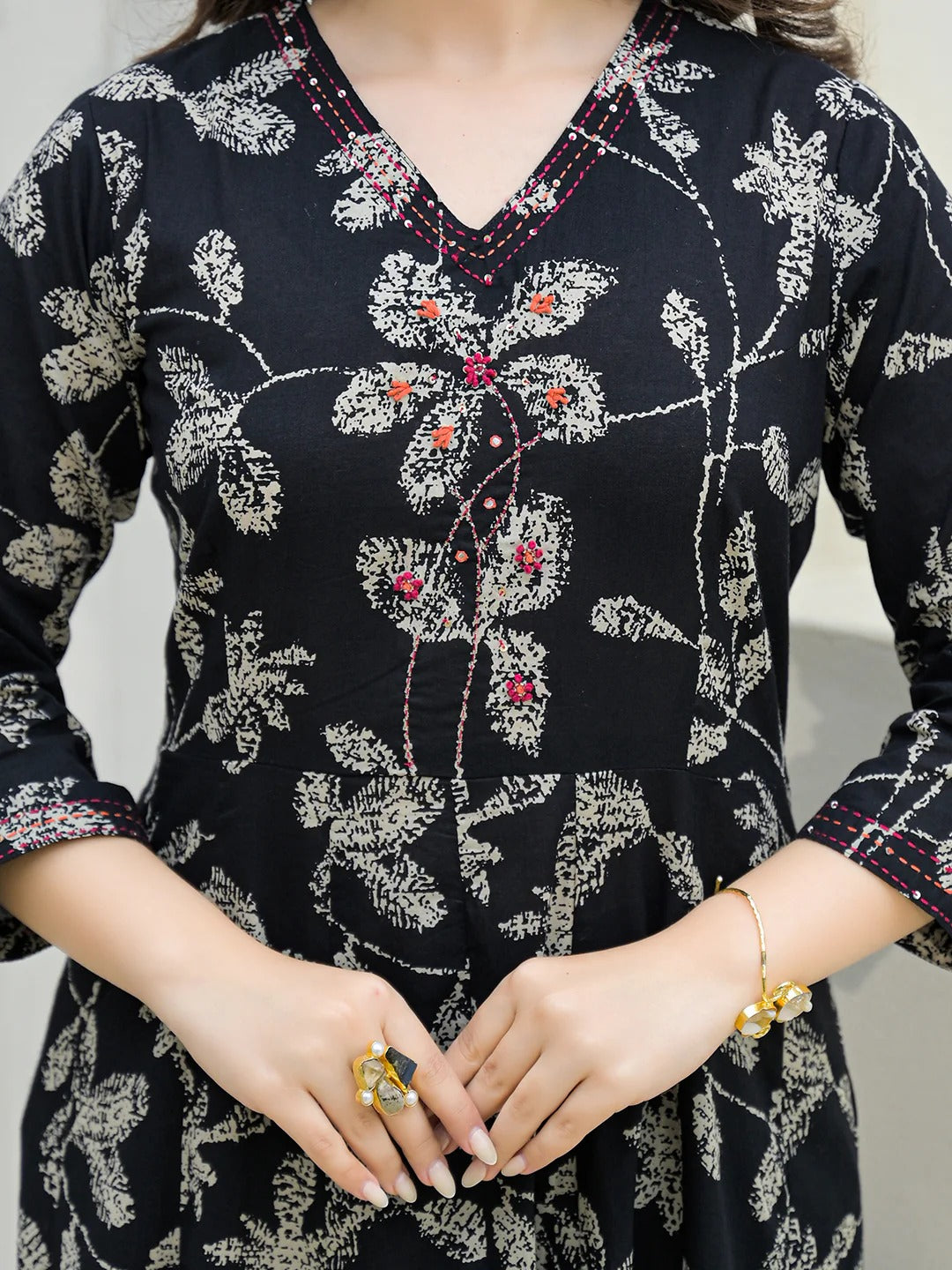Black Cotton Anarkali kurta Pant Set with Dupatta