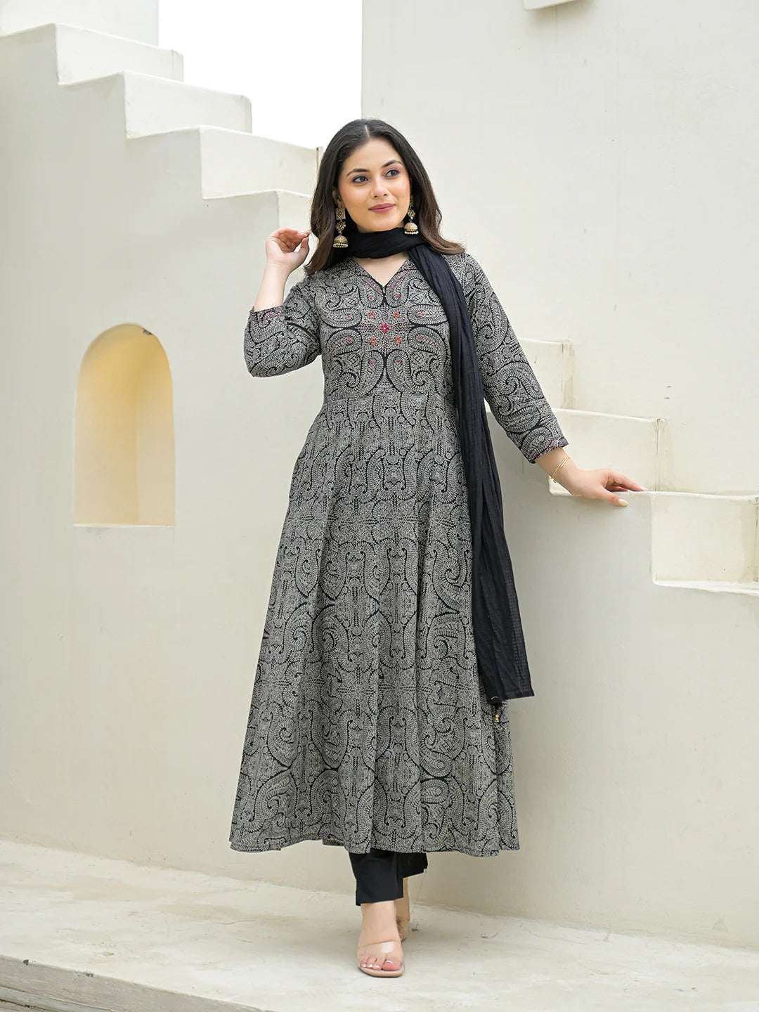 Black Cotton Anarkali kurta Pant Set with Dupatta