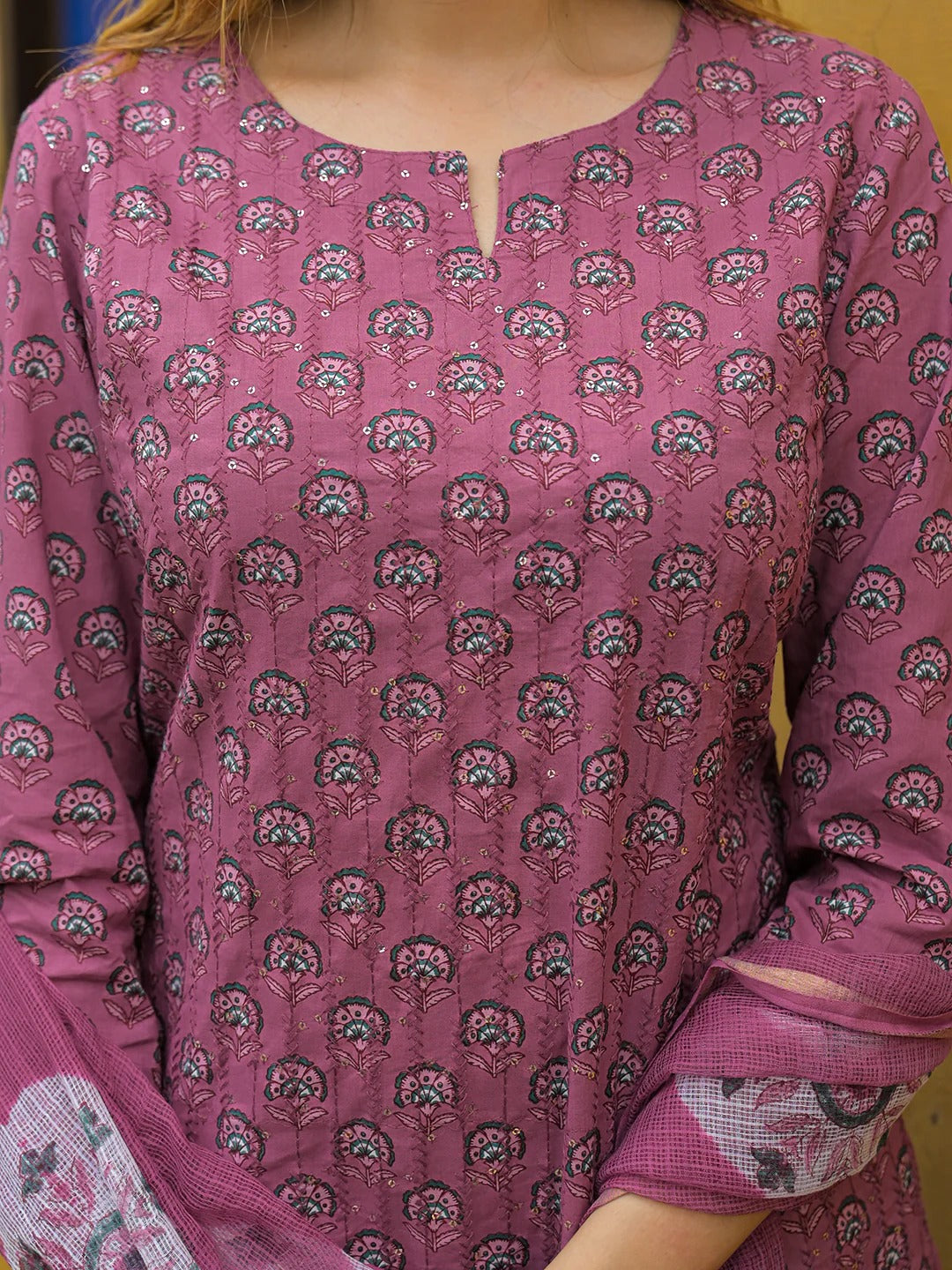 Pink Embroidered Cotton Straight Kurta Pant Set With Dupatta