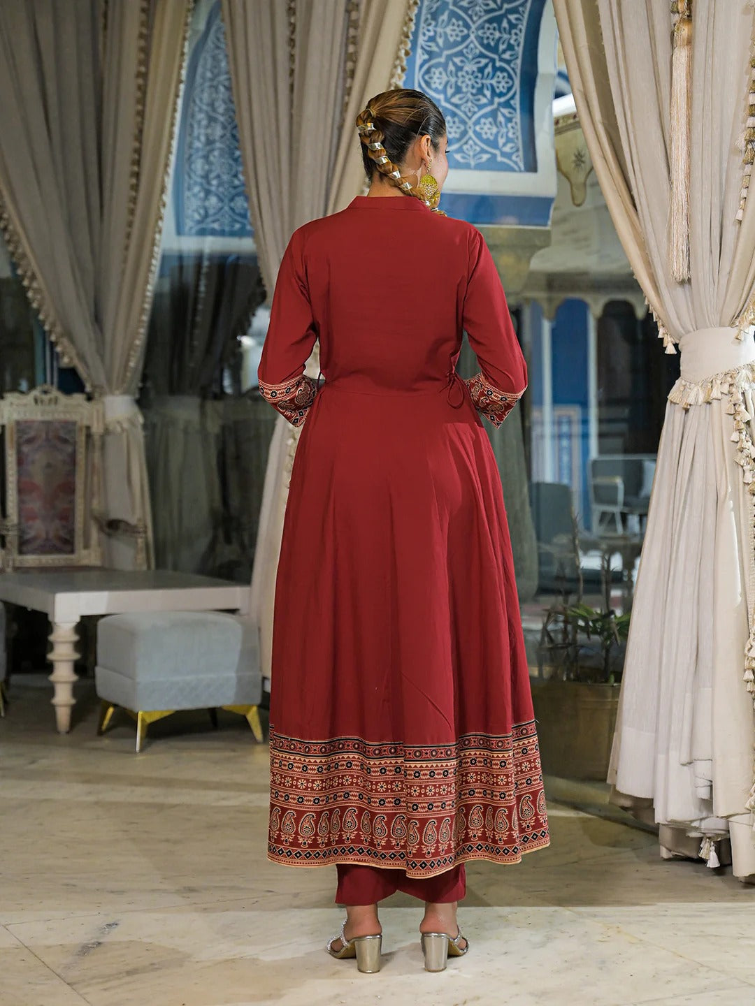 Red Paisley Print Cotton Anarkali Kurta Pant Set With Dupatta