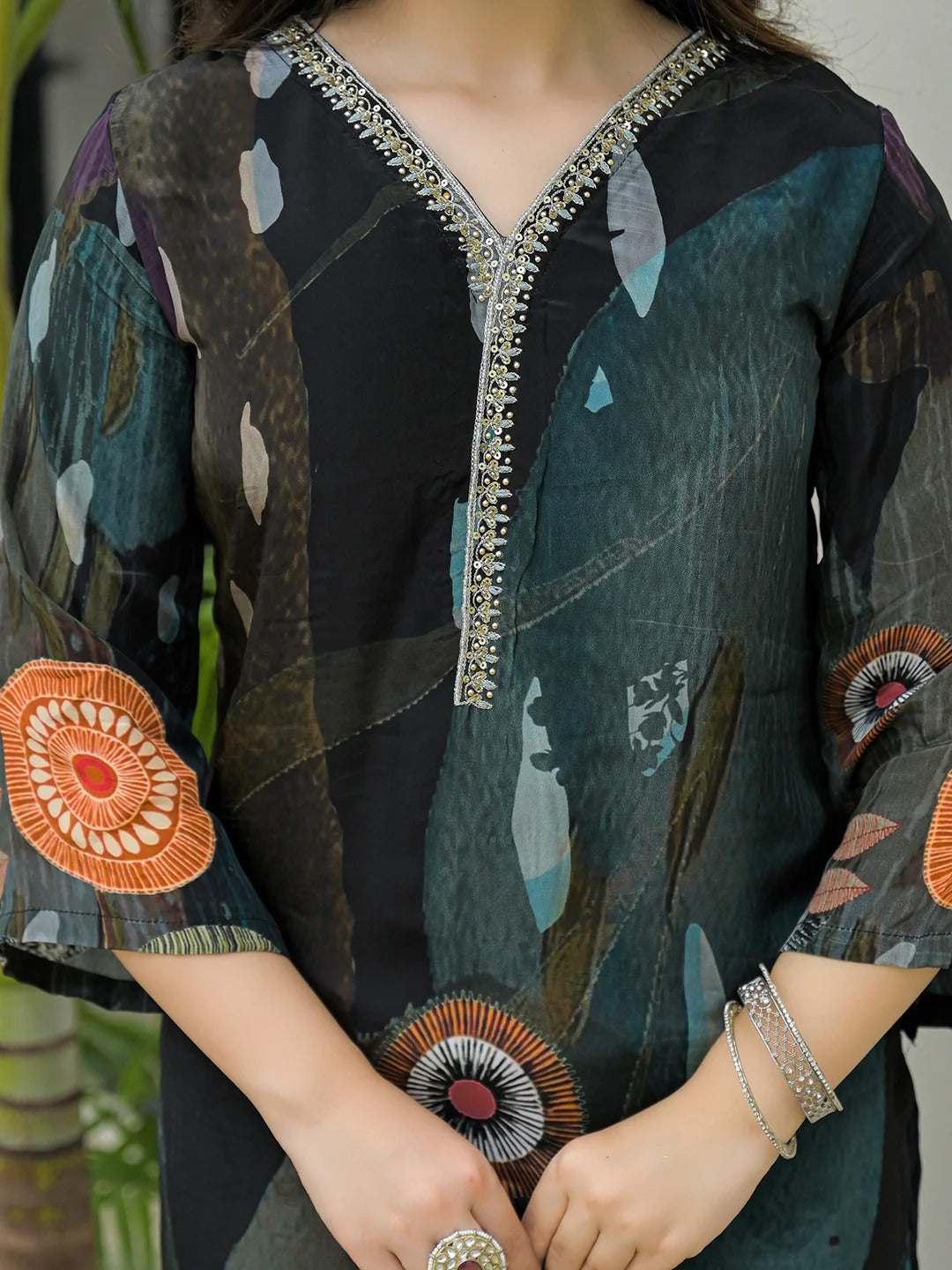 Black Pure Crepe Digital Print Kurta Pant Set With Dupatta