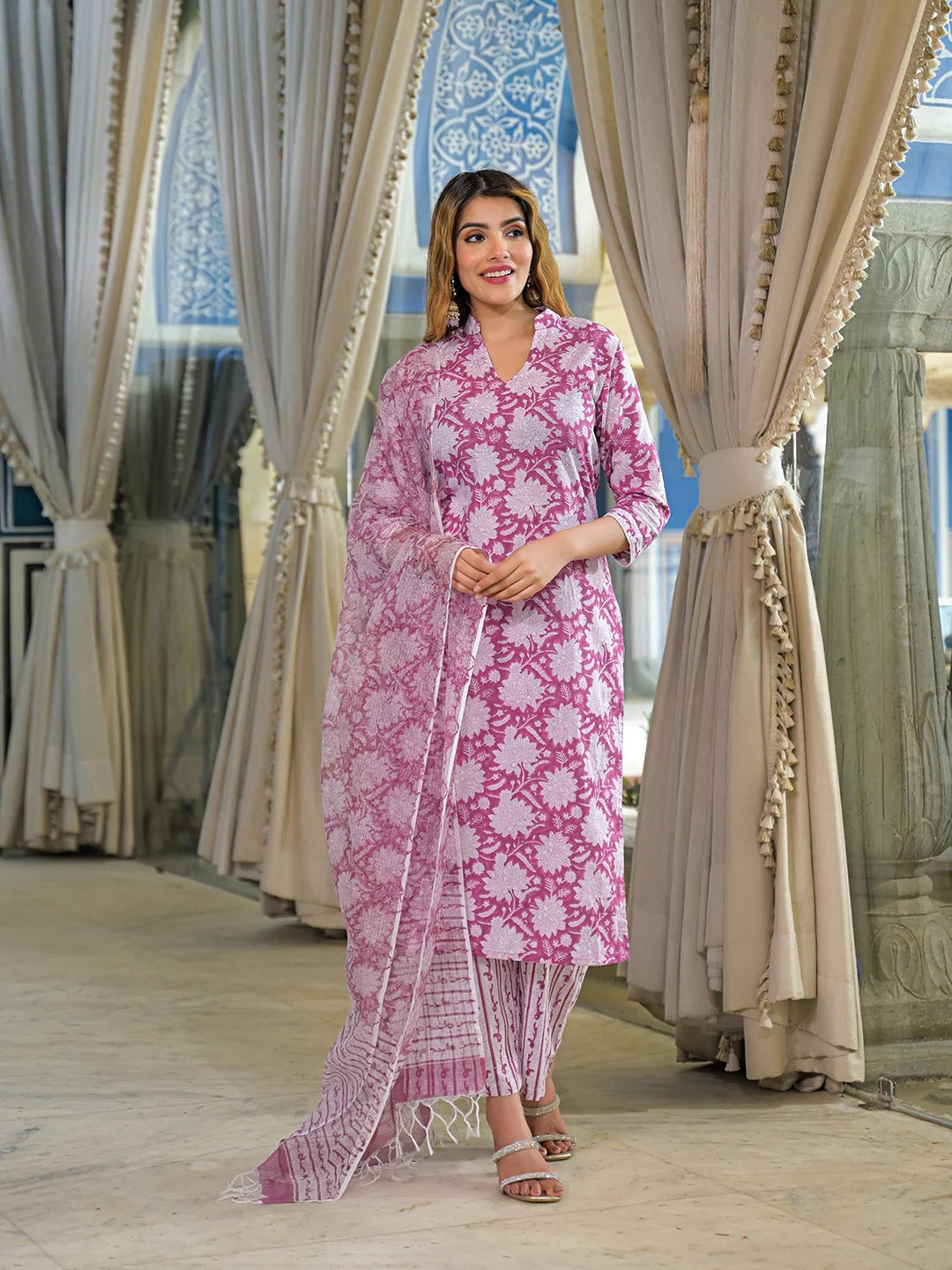 Pink Hand Block Cotton Straight Kurta Pant With Dupatta