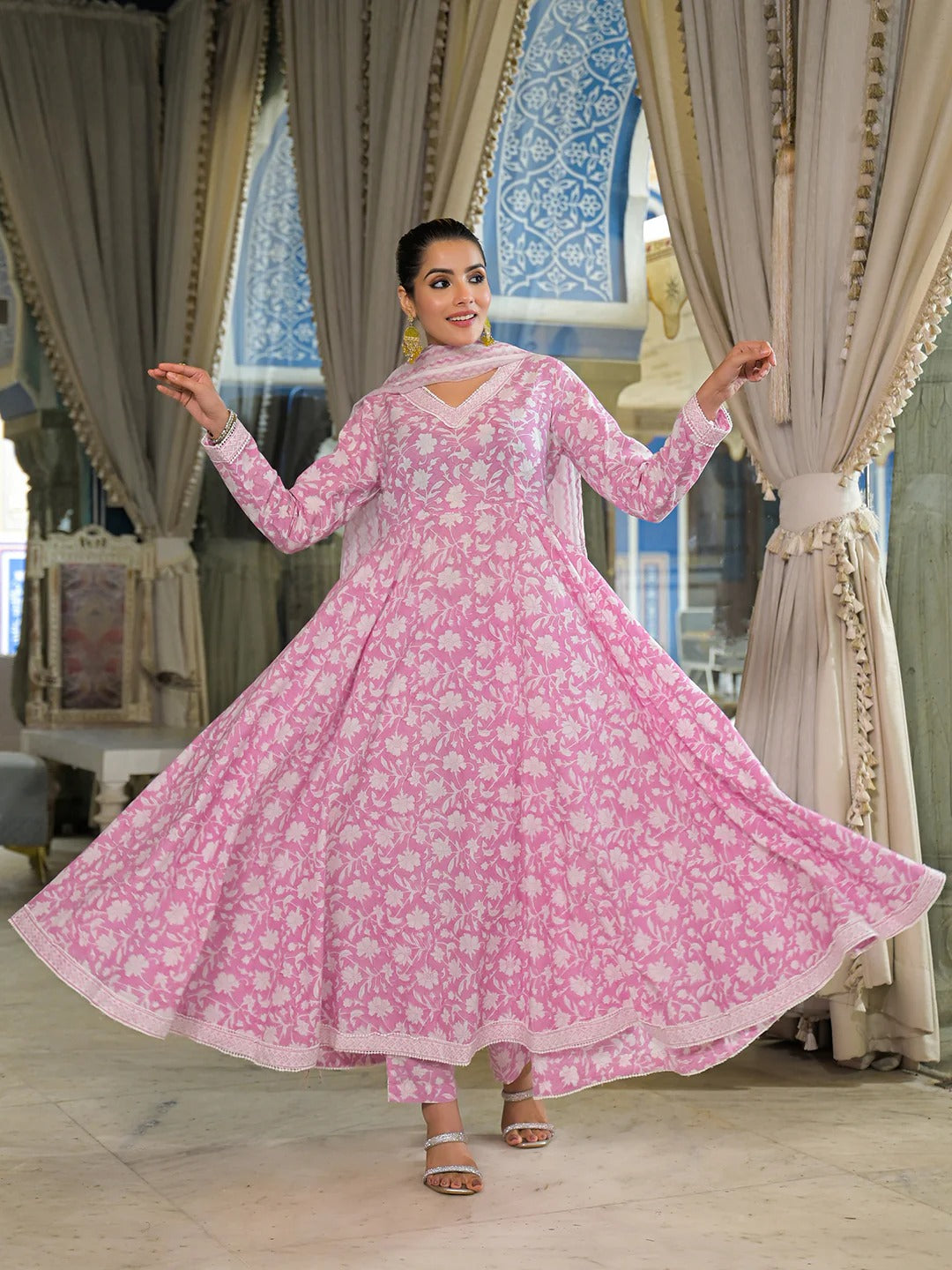 Pink Hand Block Cotton Anarkali Kurta Pant With Dupatta