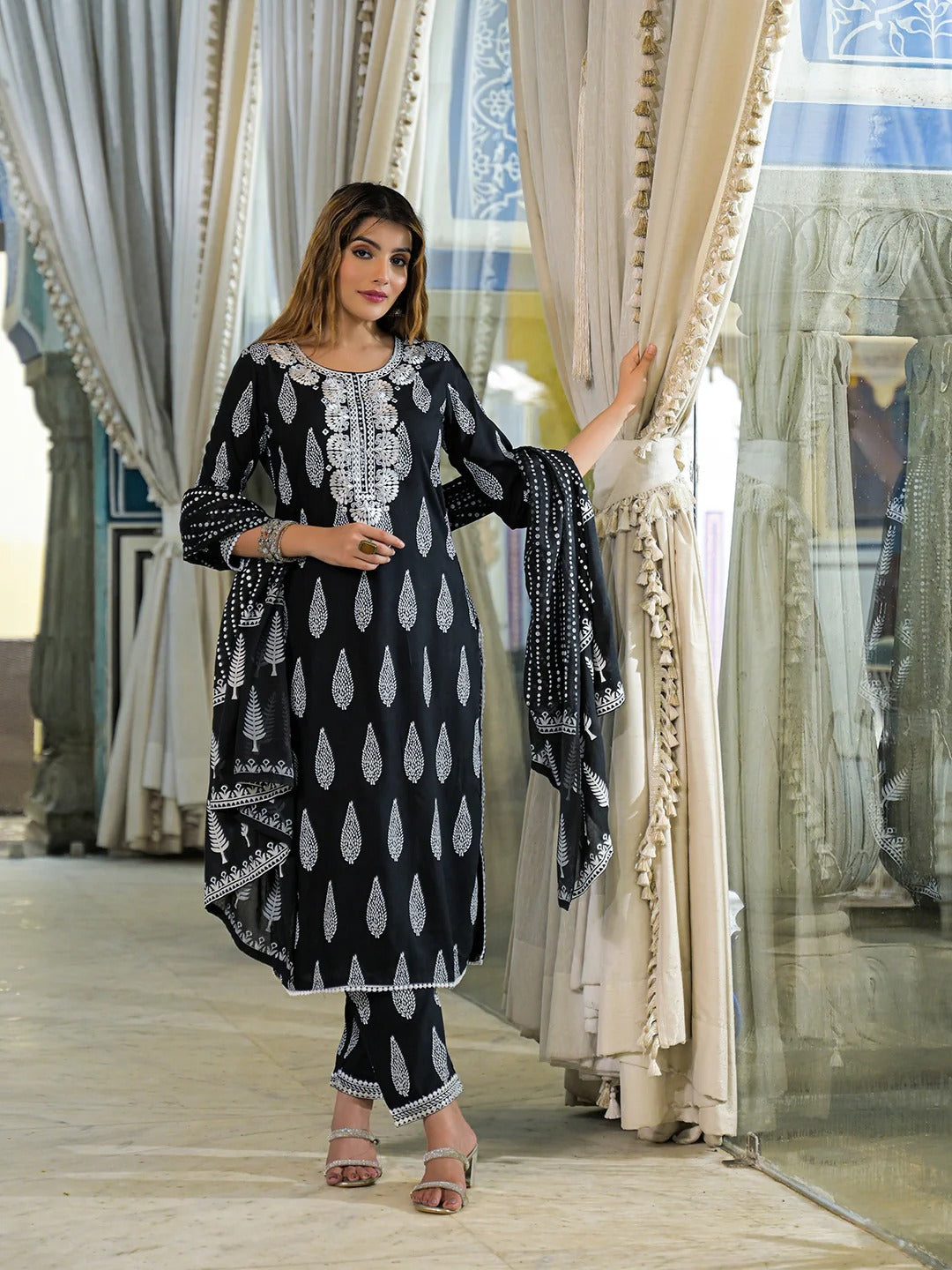 Black Embroidered Cotton Straight Kurta Pant Set With Dupatta