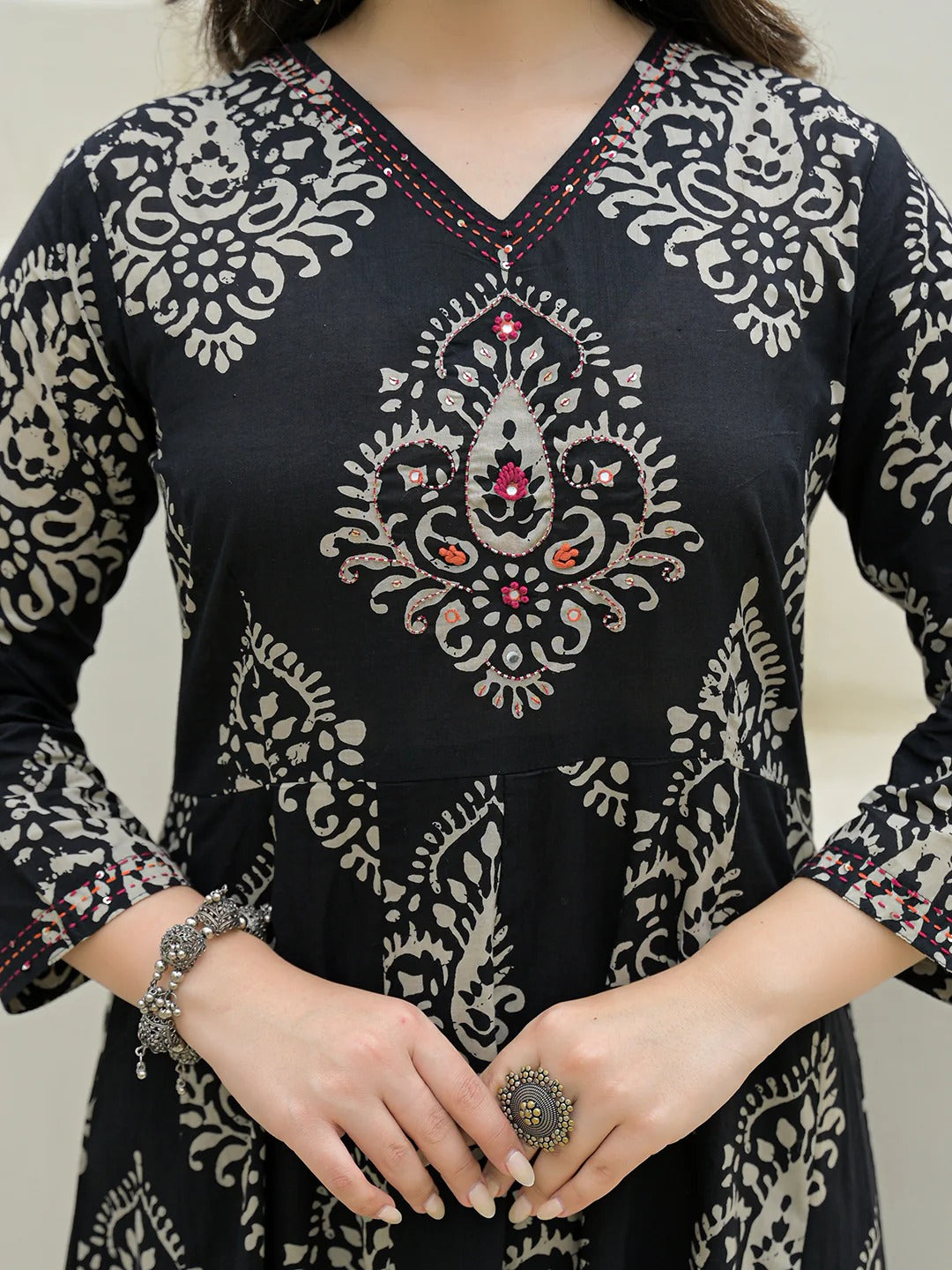 Black Cotton Anarkali kurta Pant Set with Dupatta