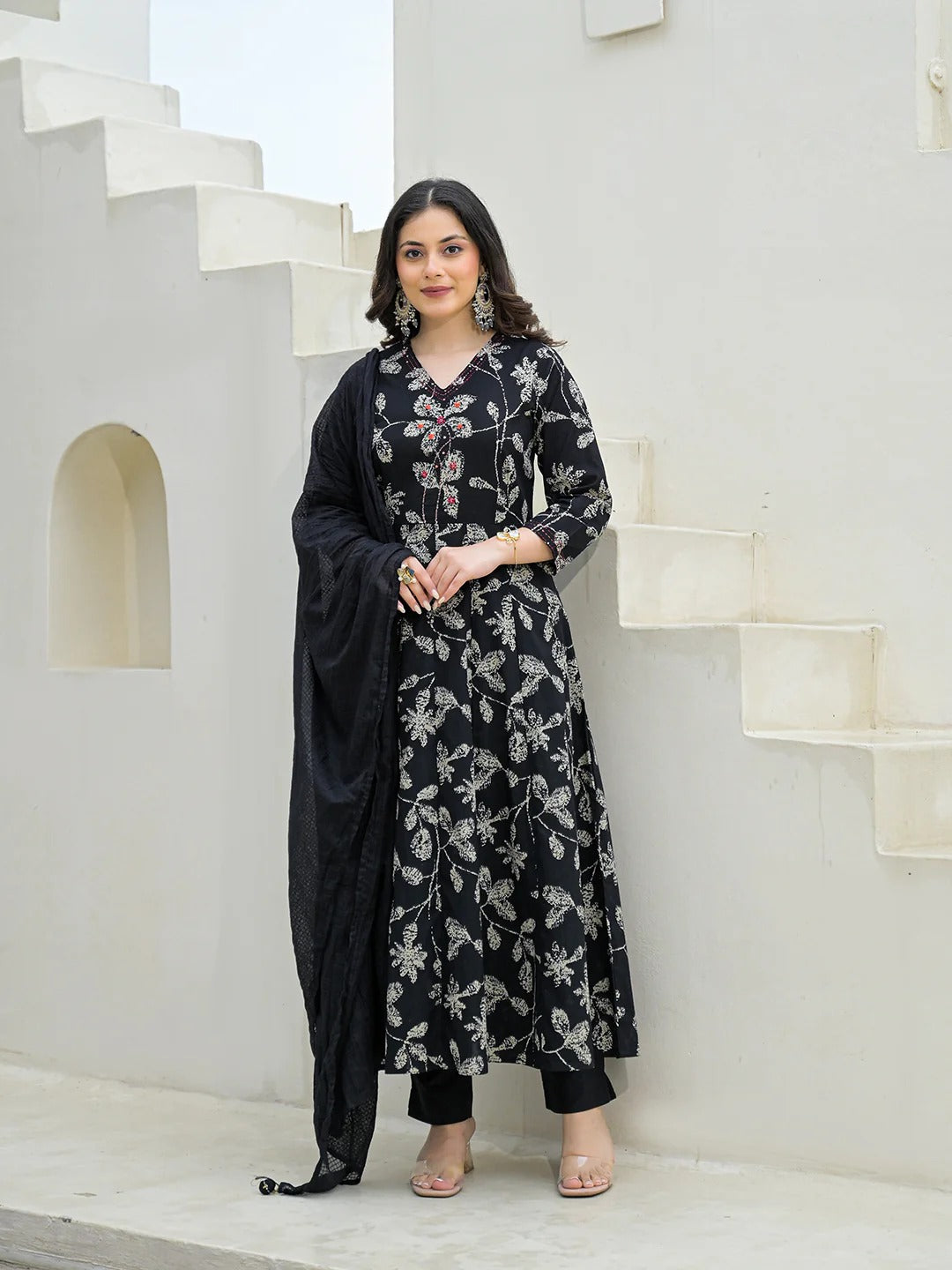 Black Cotton Anarkali kurta Pant Set with Dupatta