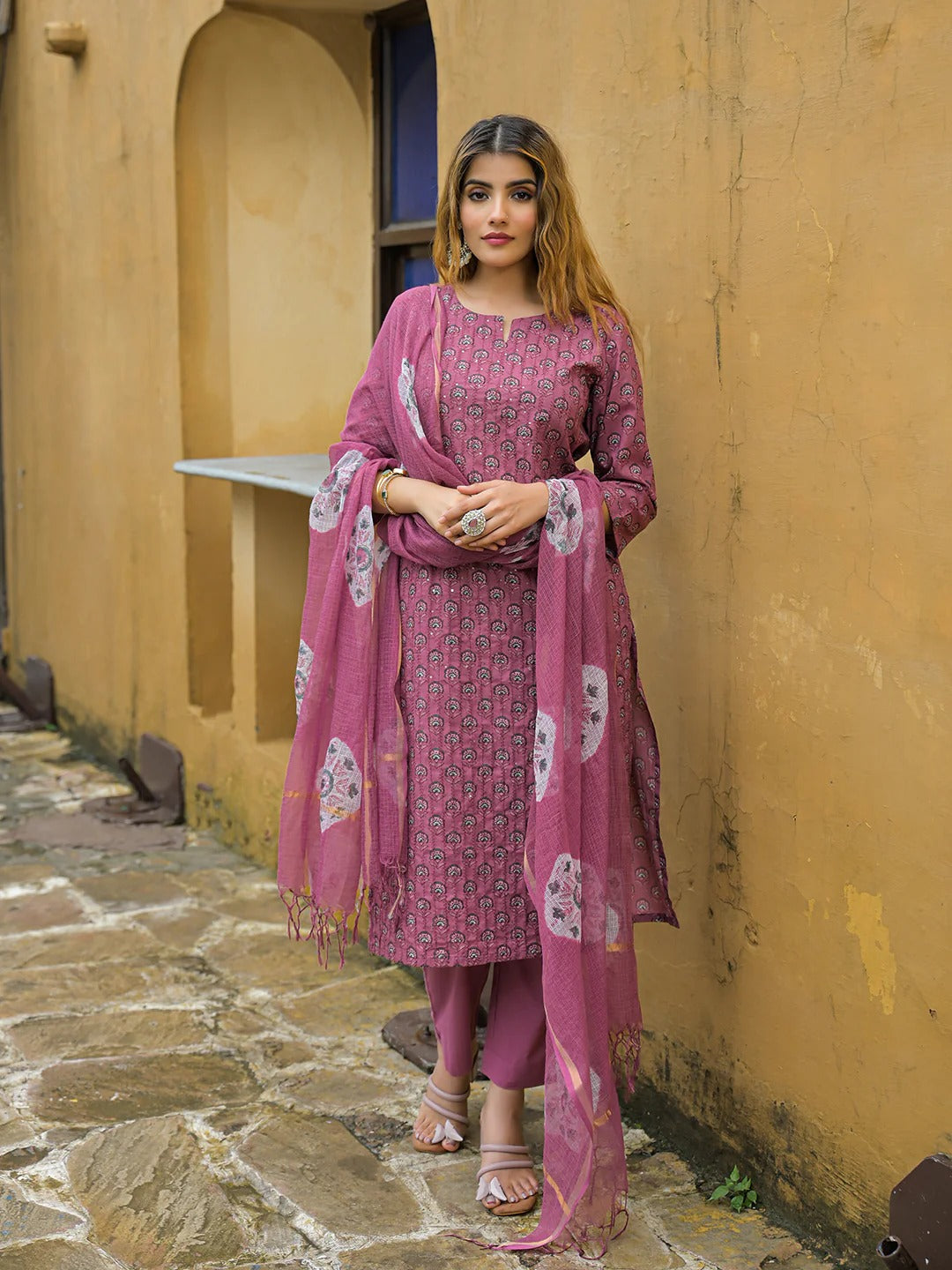 Pink Embroidered Cotton Straight Kurta Pant Set With Dupatta