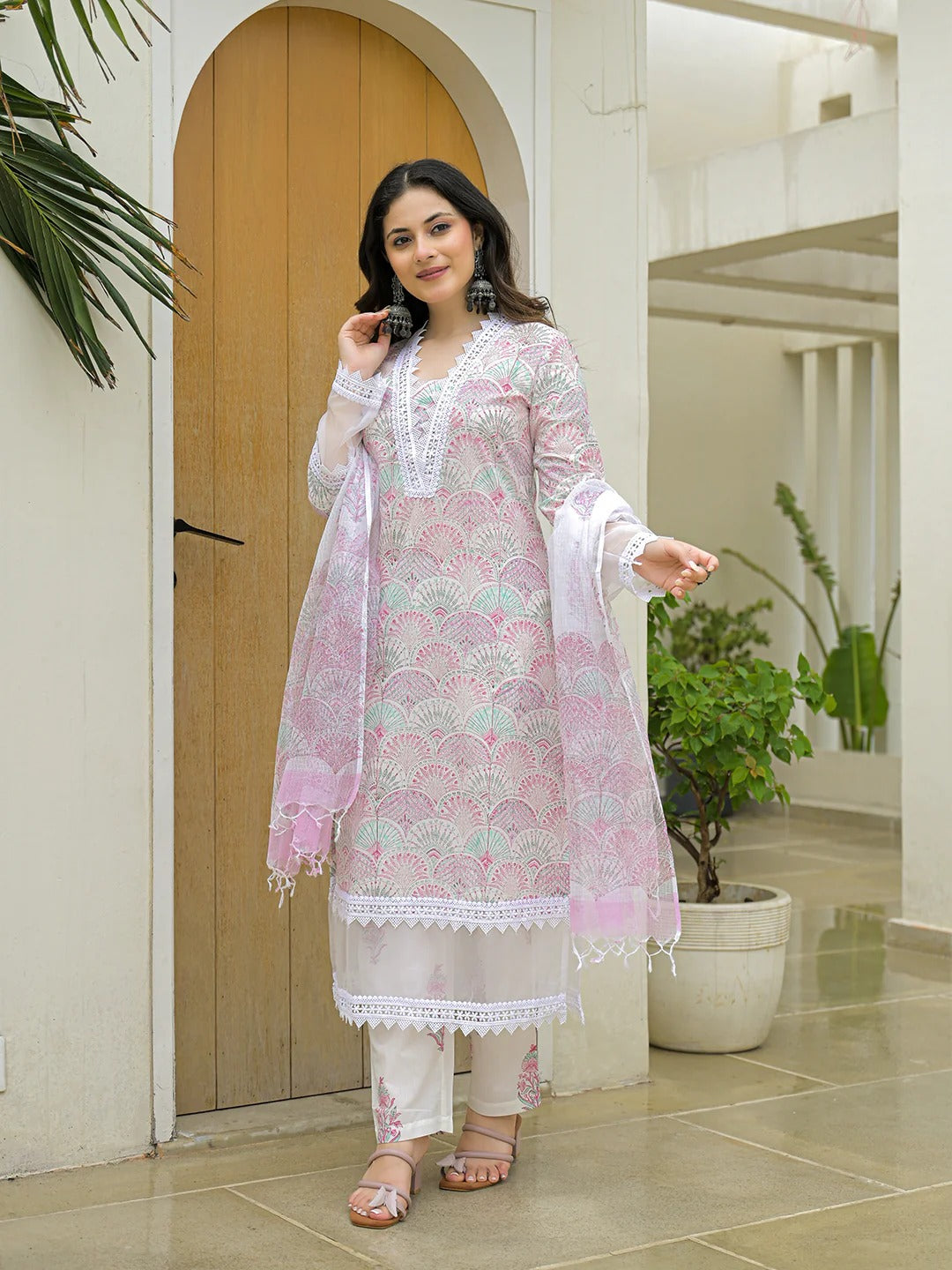 White Cotton Hand Block Straight Kurta Pant Sets With Dupatta