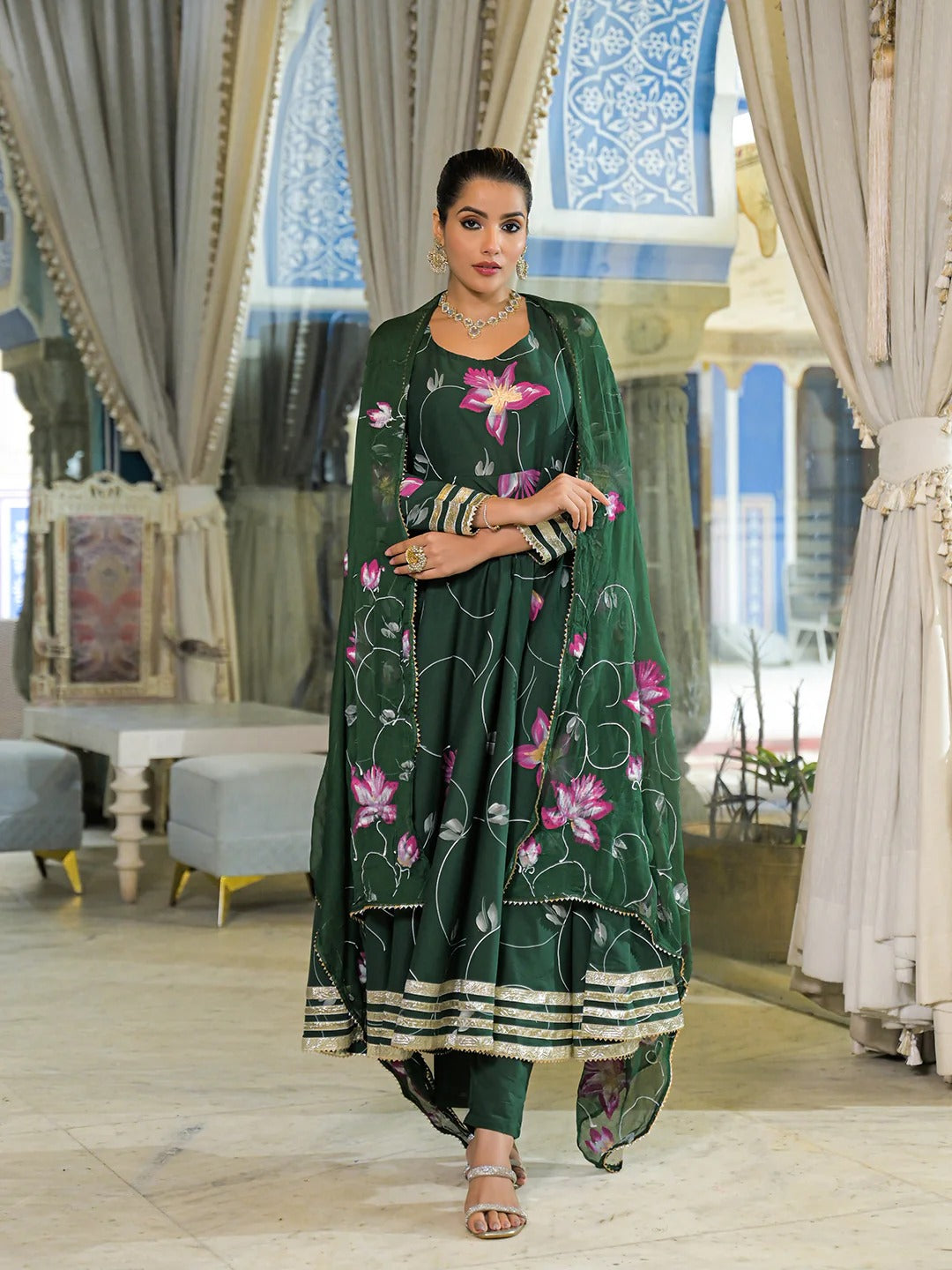 Dark Green Hand Painted Cotton Anarkali Kurta Pant With Dupatta