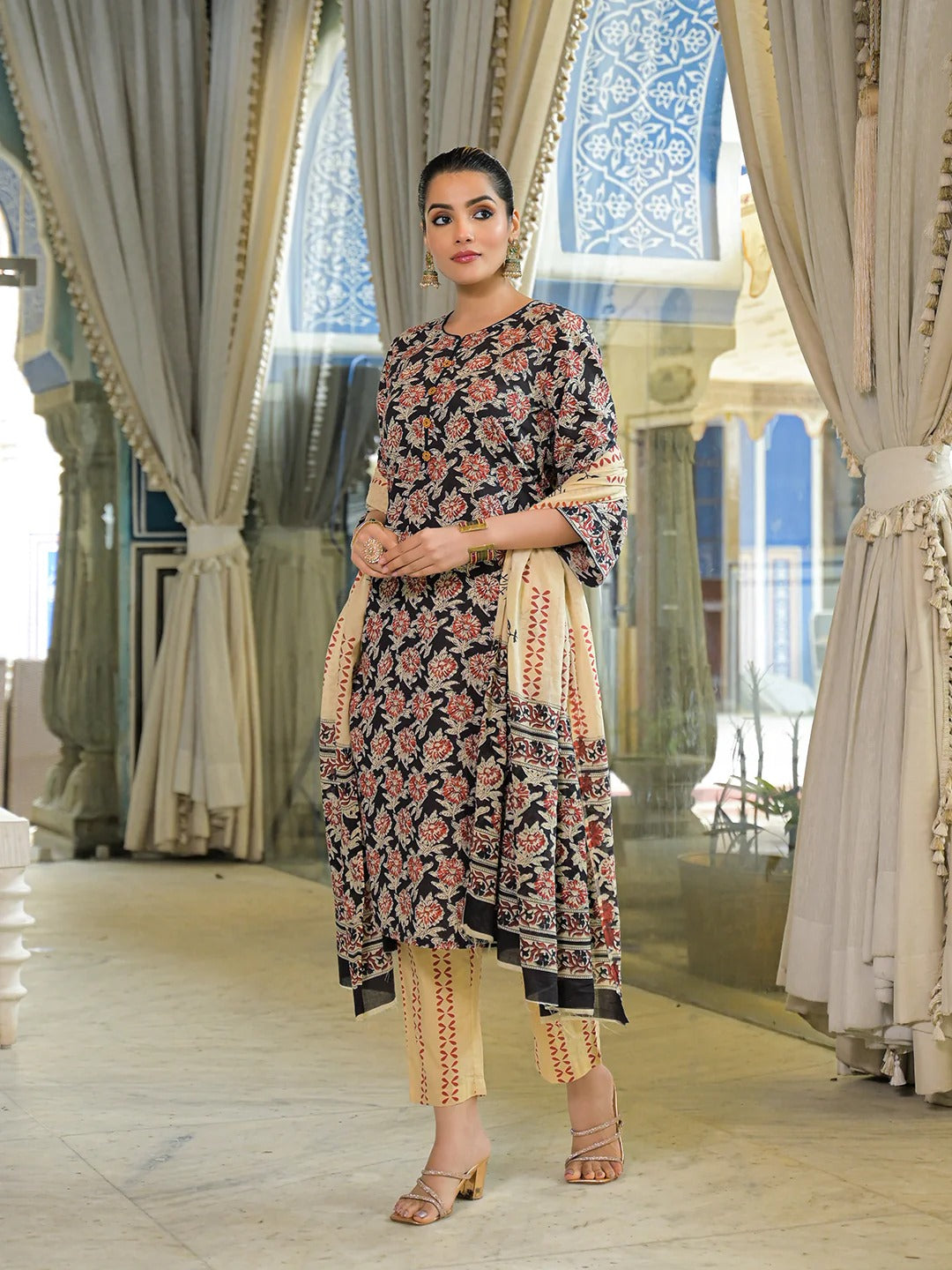 Black Hand Block Cotton Straight Kurta Pant With Dupatta