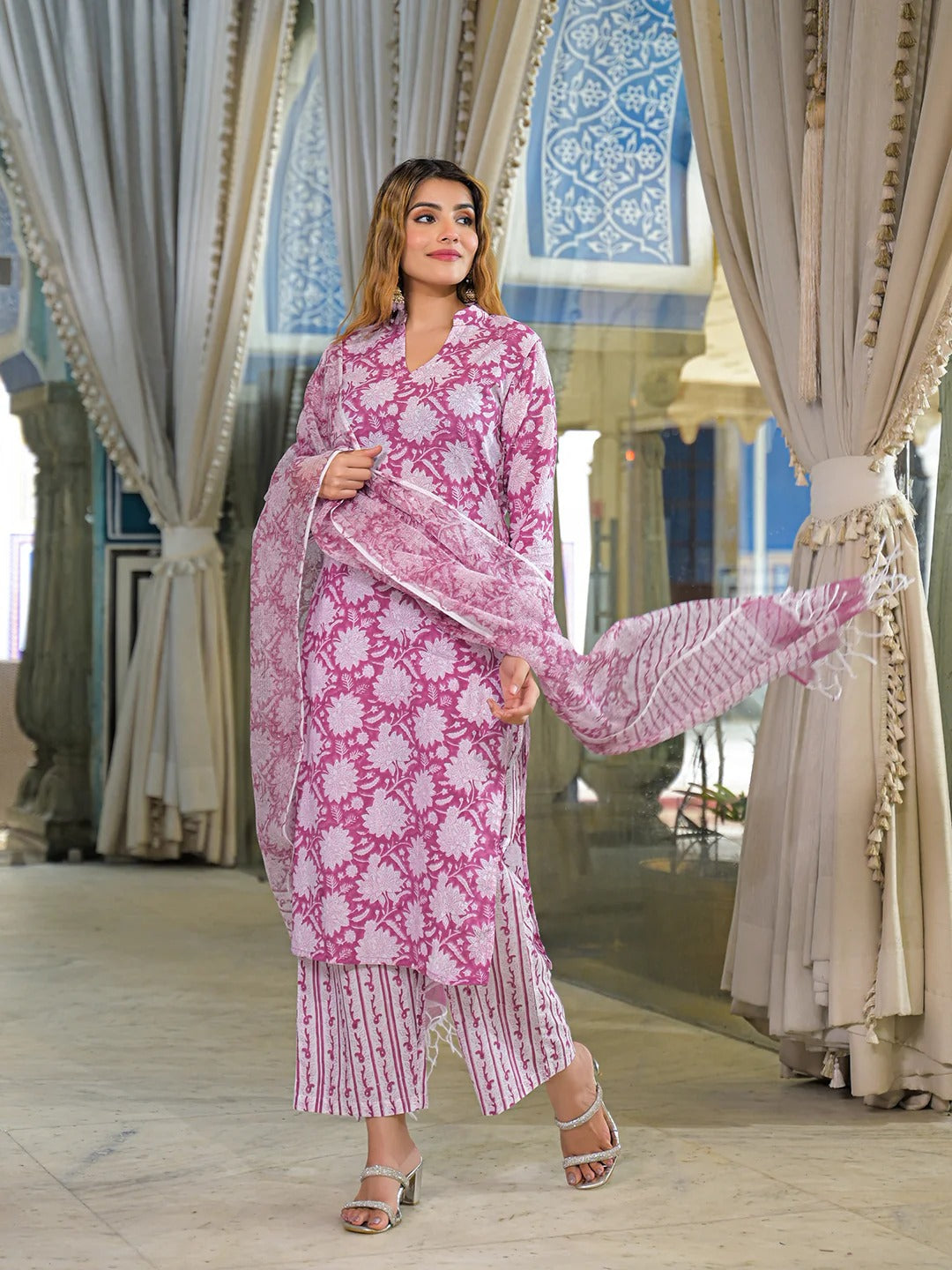 Pink Hand Block Cotton Straight Kurta Pant With Dupatta