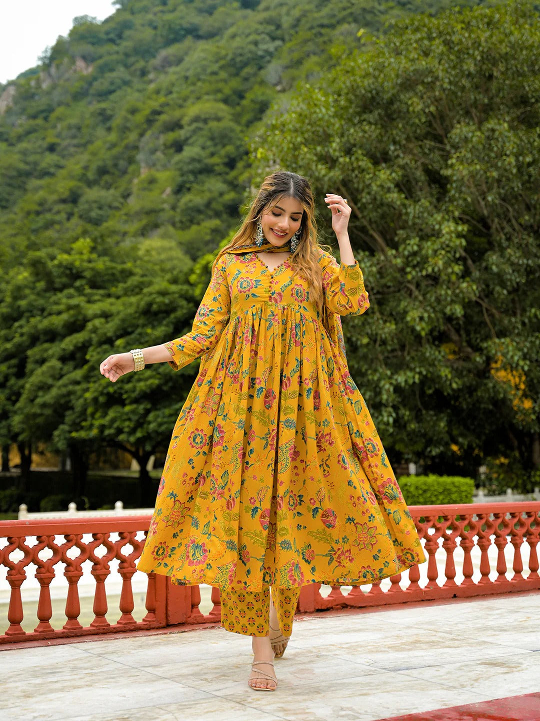 Mustard Floral Print Cotton Anarkali Kurta Pant Set With Dupatta